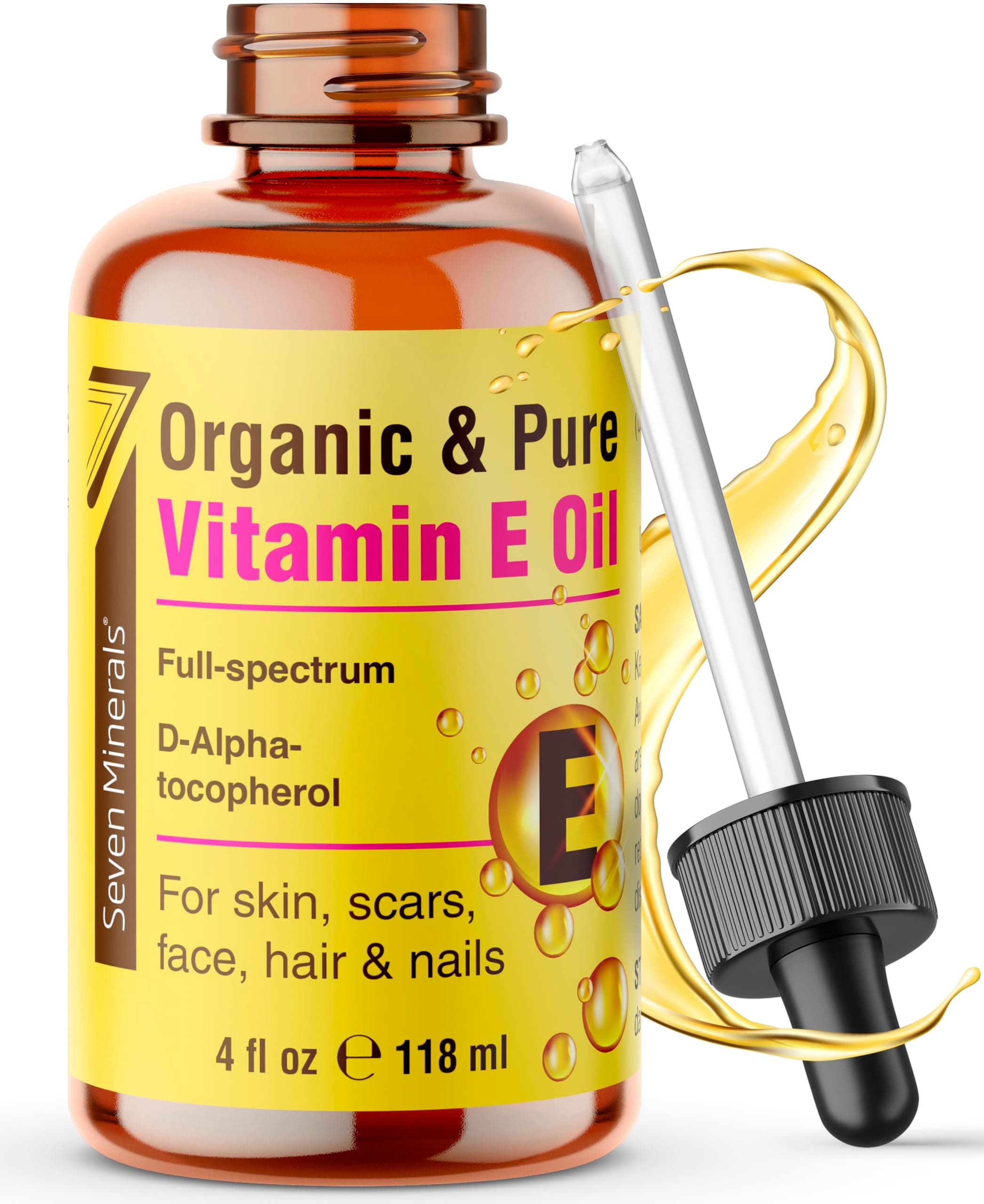 Ultra Pure Vitamin E Oil - Full-Spectrum D-Alpha Tocopherol per 4 Oz Bottle - 100% Organic Vitamin E Oil for Skin, Face, Hair and Scars - Naturally Occurring=Not Synthetic.