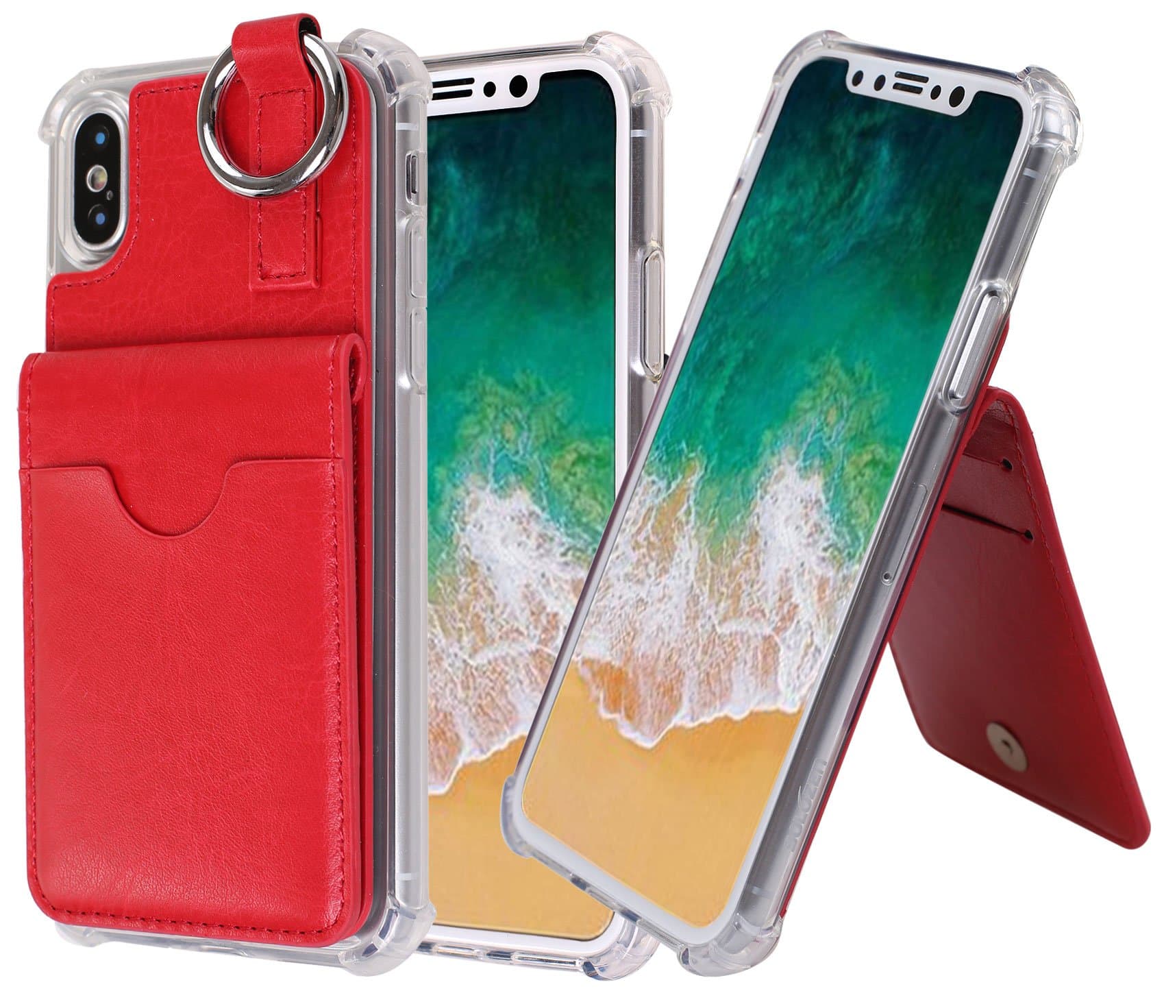 iPhone X Case, [Pocket Ring Bumper] Credit Card Case [Kick Stand] Protective Hybrid Case [Key Ring Holder] with 3 Cards Slot Wallet for iPhone X (Red)