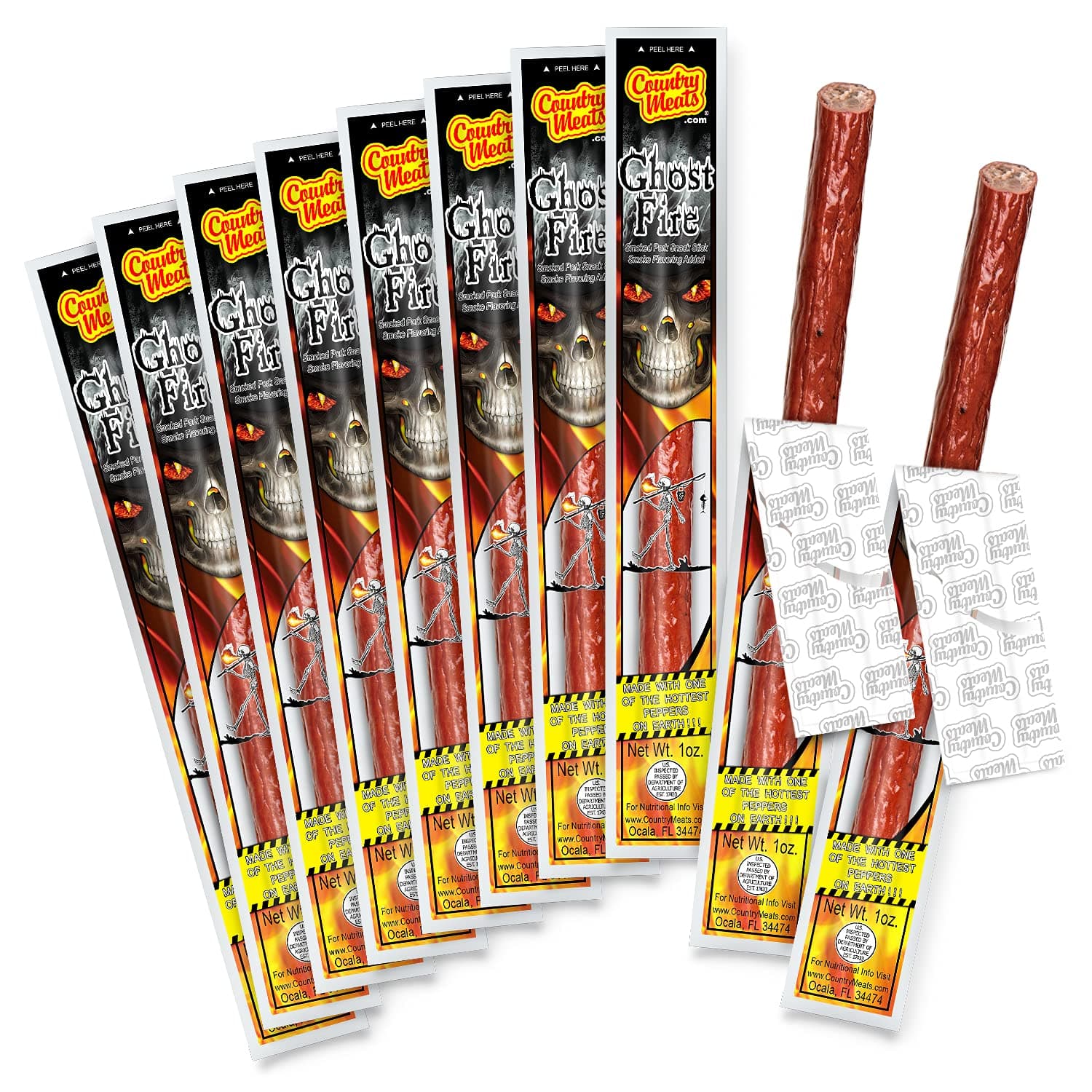 Country Meats, Meat Sticks, 0 Trans Fat, USDA Certified, Good Source of Protein, Carb Conscious Snack (10 Meat Sticks, Ghost Fire)