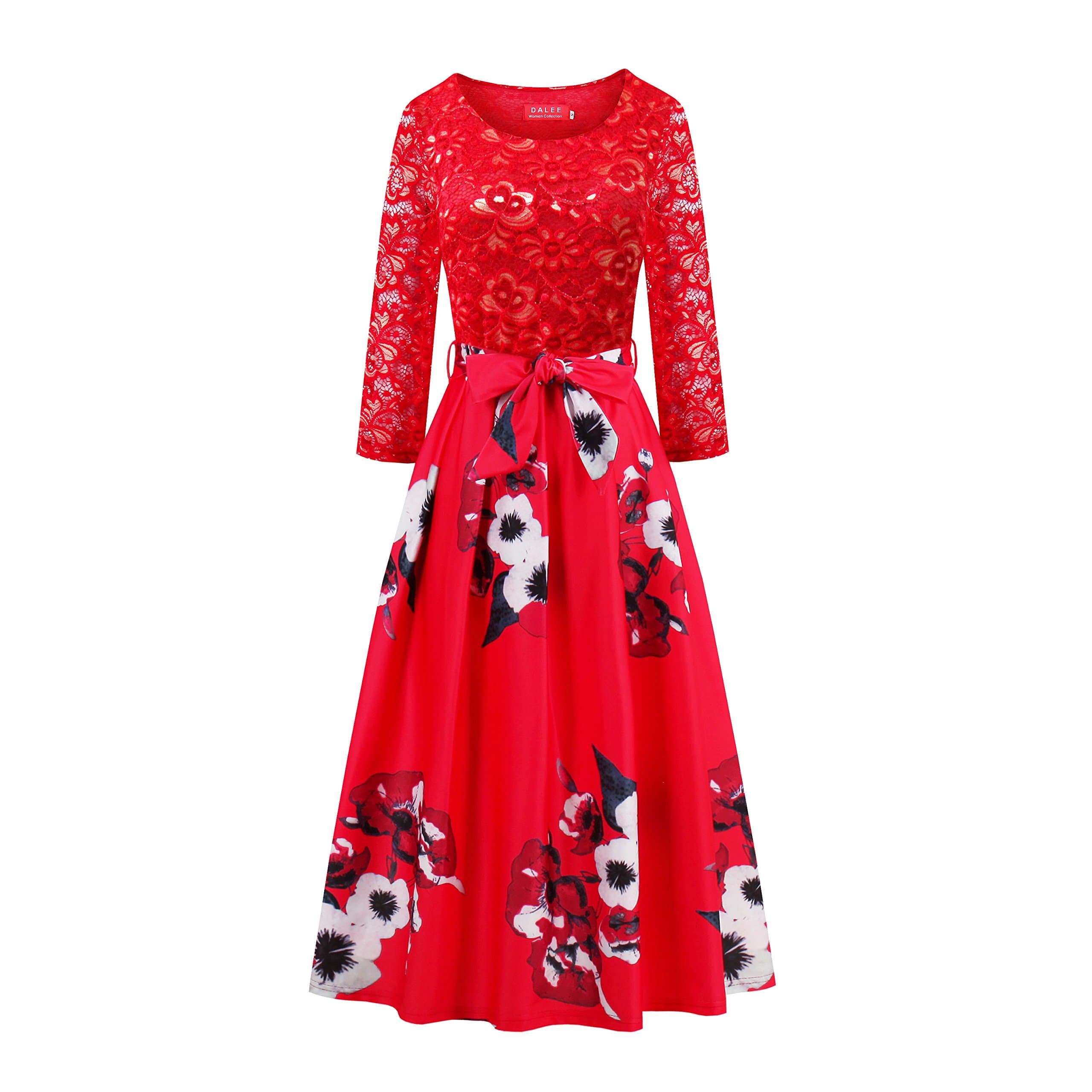 Women's Vintage 1950s 3/4 Sleeve Lace Floral Printed Cocktail Evening Dress (XL, Red-2)