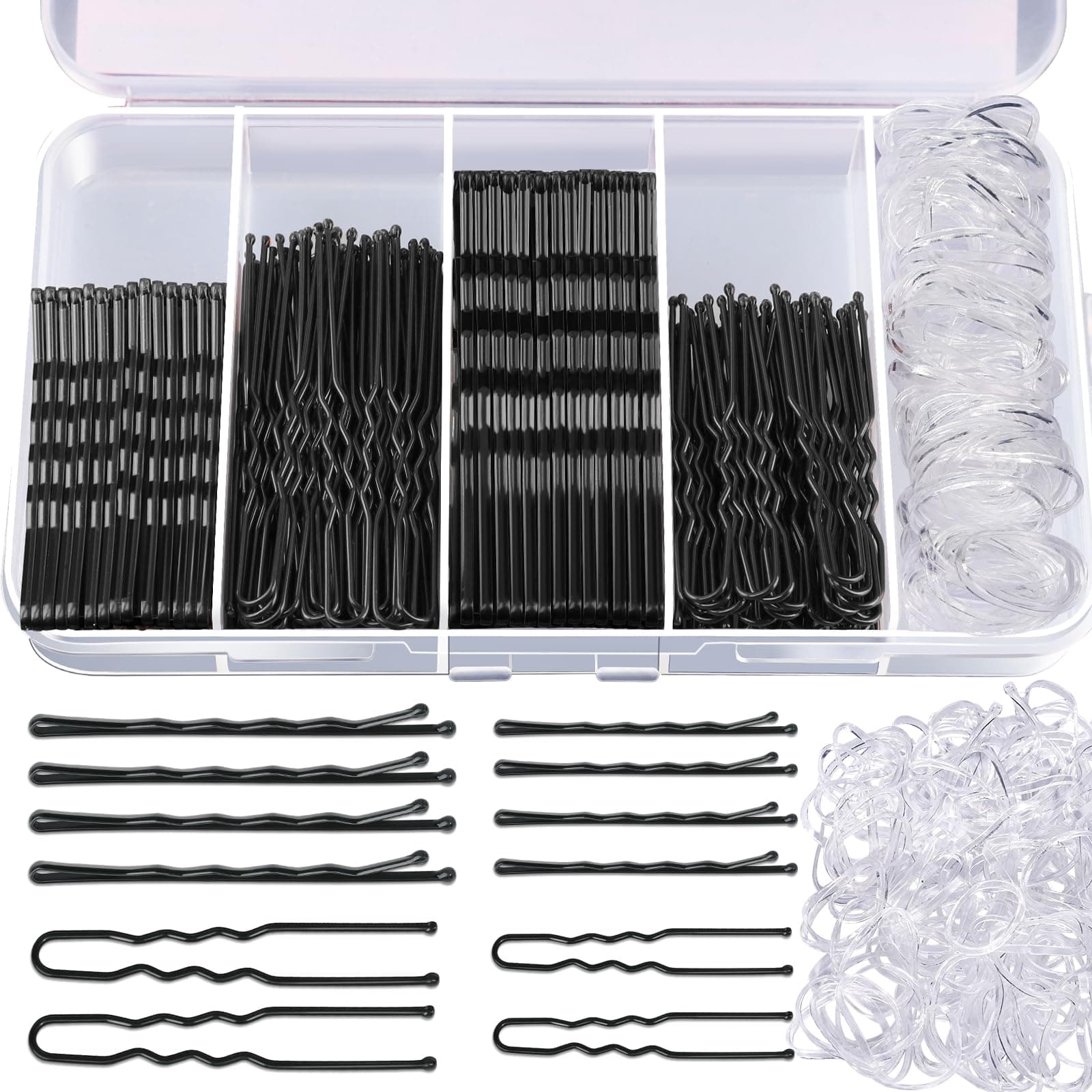 Teenitor 300pcs Hair Pins - Black Bobby Pins, Hair Bands Kit with U Pins for Buns & Bobby Pins in 2" & 2.75" Sizes
