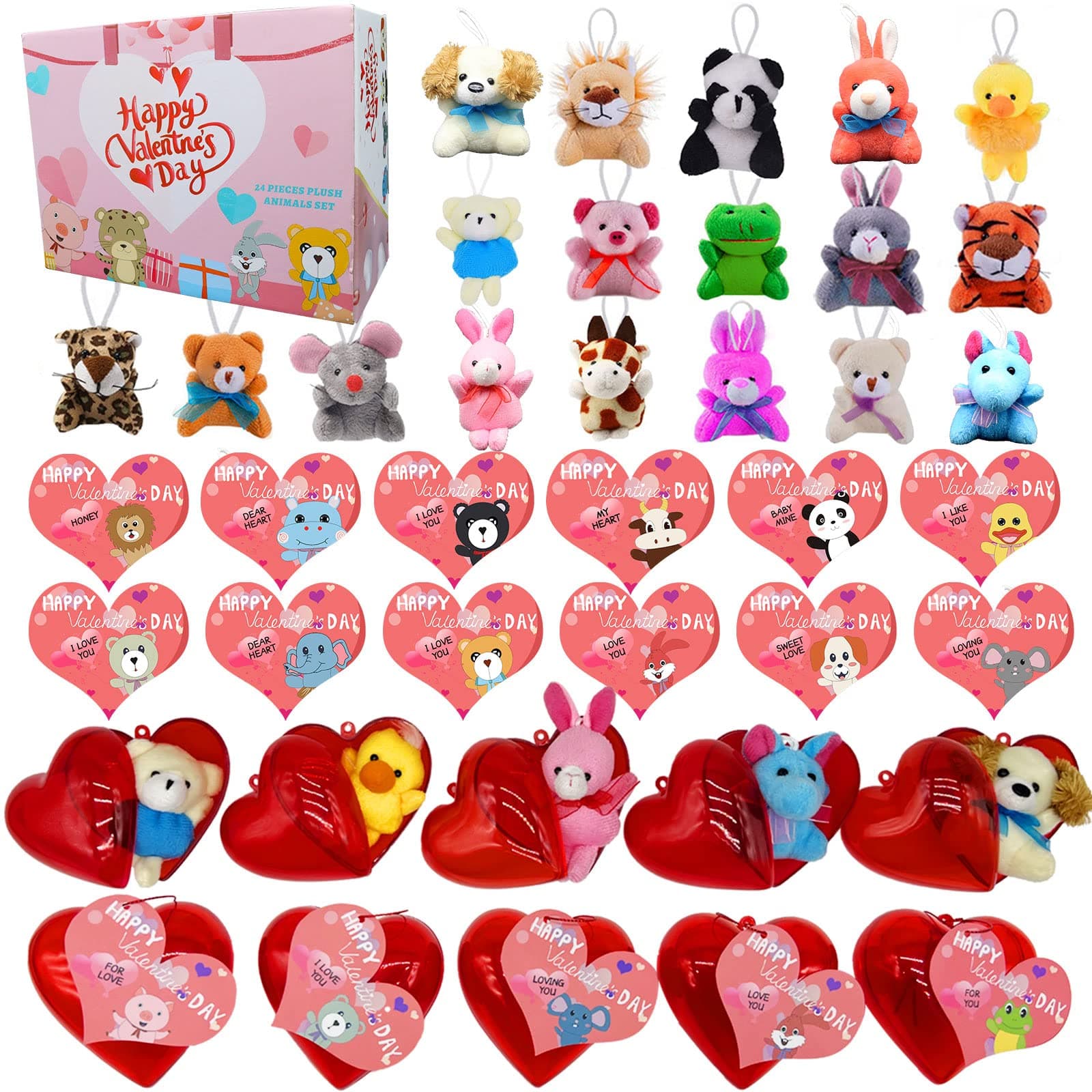 Offerife 24 Pack Mini plush Animals Toy Set, Cute Small Bulk Stuufed Animal Gift Cards for Kids Classroom with Heart Shaped Boxes, Exchange Gift for Children's Day and Party Favor