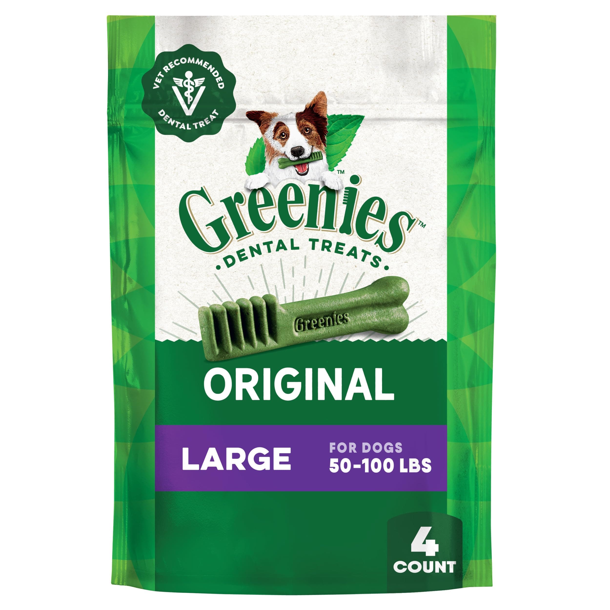 Greenies Veterinarian-Recommended Adult Natural Dental Dog Treats Large Size, Dog Dental Chews, Original Flavor, 6 oz. Pack, 4 Count
