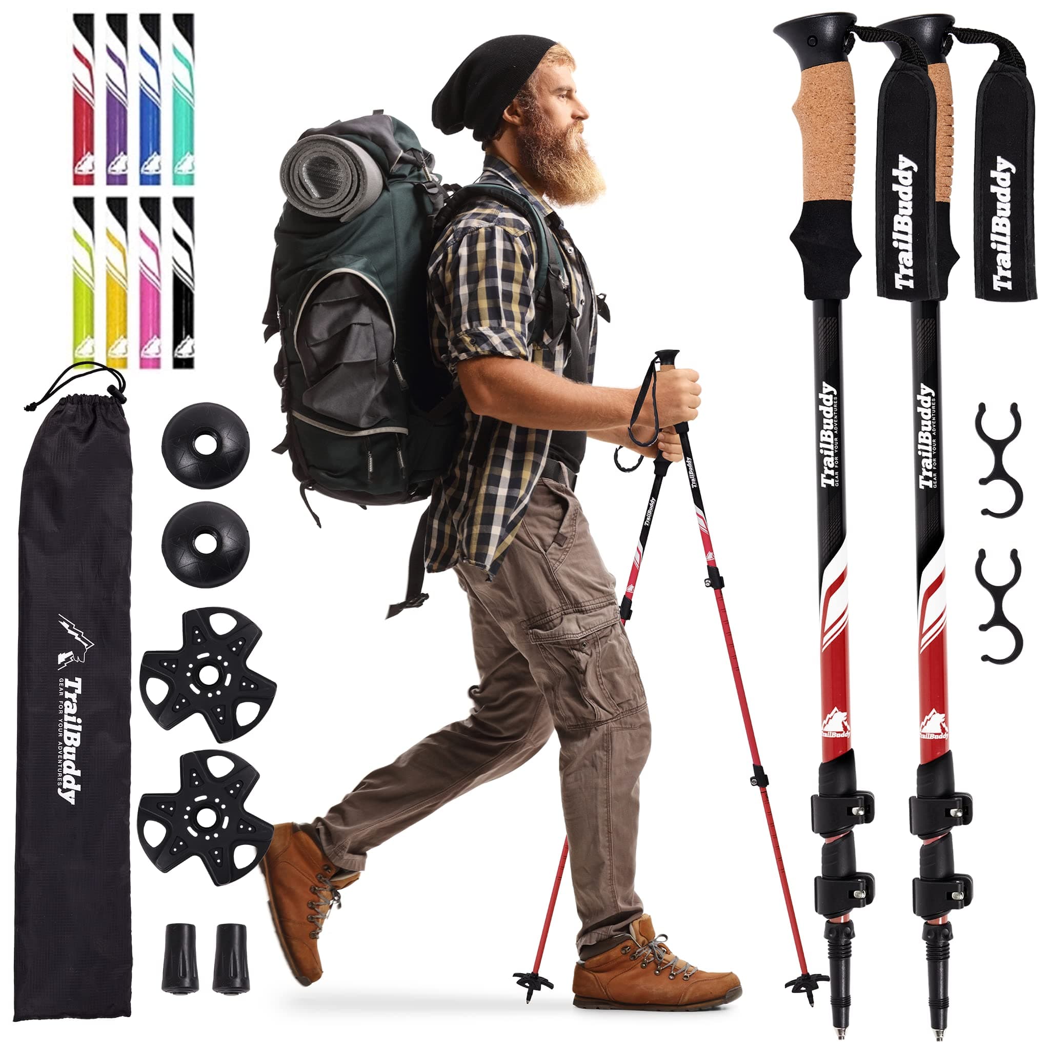 TrailBuddy Trekking Poles, Set of 2, Climbing Stock, Lightweight Aluminum, Aircraft Quality, Walking Poles, Climbing Cane, Extendable, Flip-Lock, Cork Grip, Padded Strap, Anti-Fatigue, Storage Bag
