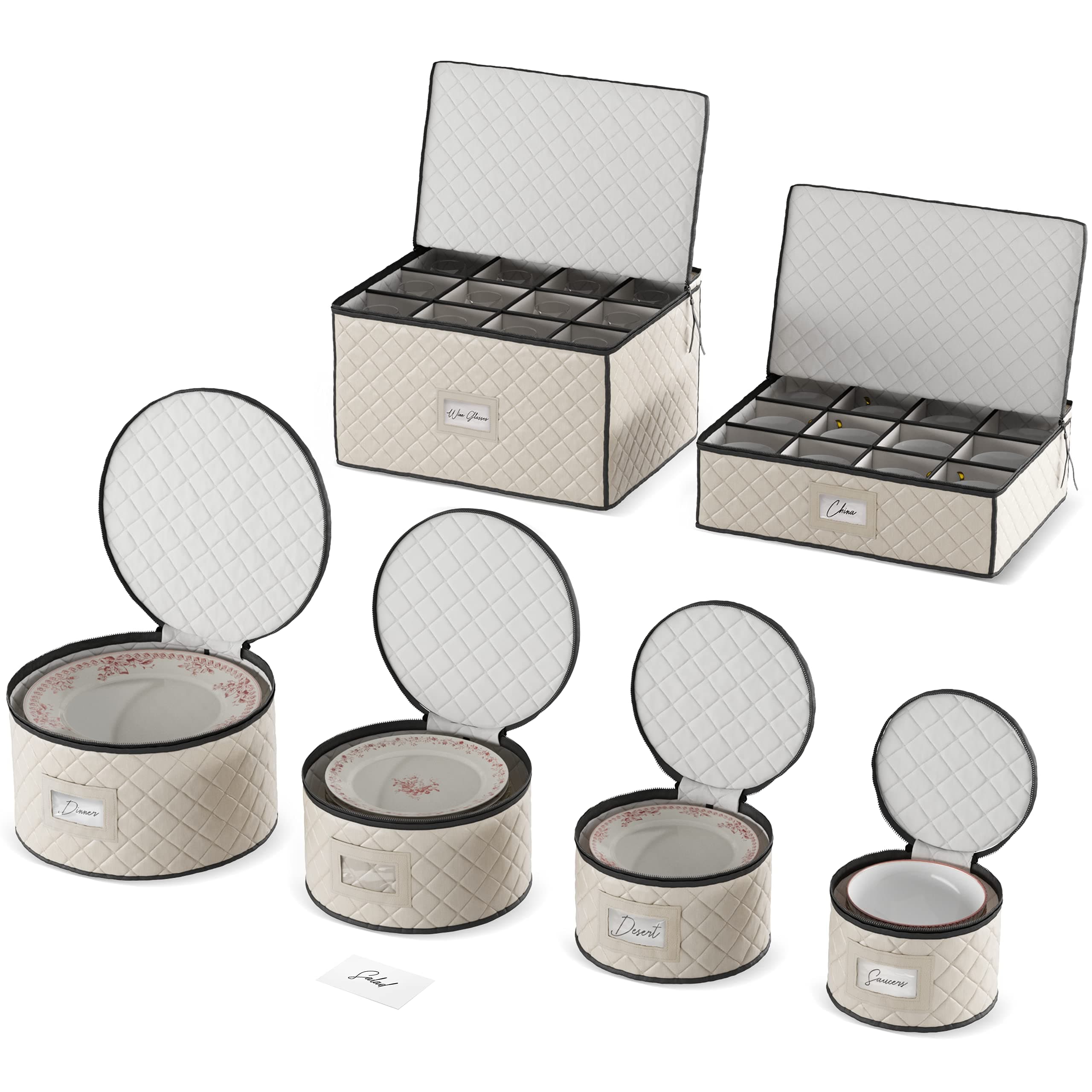 Woffit China Storage Containers - 6 Pack, Quilted Dinnerware & Stemware Set Bins for Packing Dishes and Glasses w/ 48 Felt Protectors - Essential Dish Supplies for Moving, Christmas, Seasonal Storage
