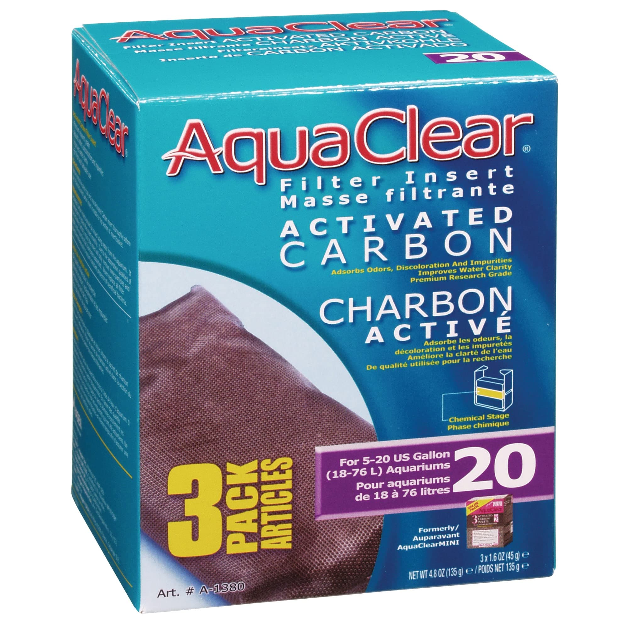 AquaClear 20 Activated Carbon Inserts, Aquarium Filter Replacement Media, 3-Pack, A1380