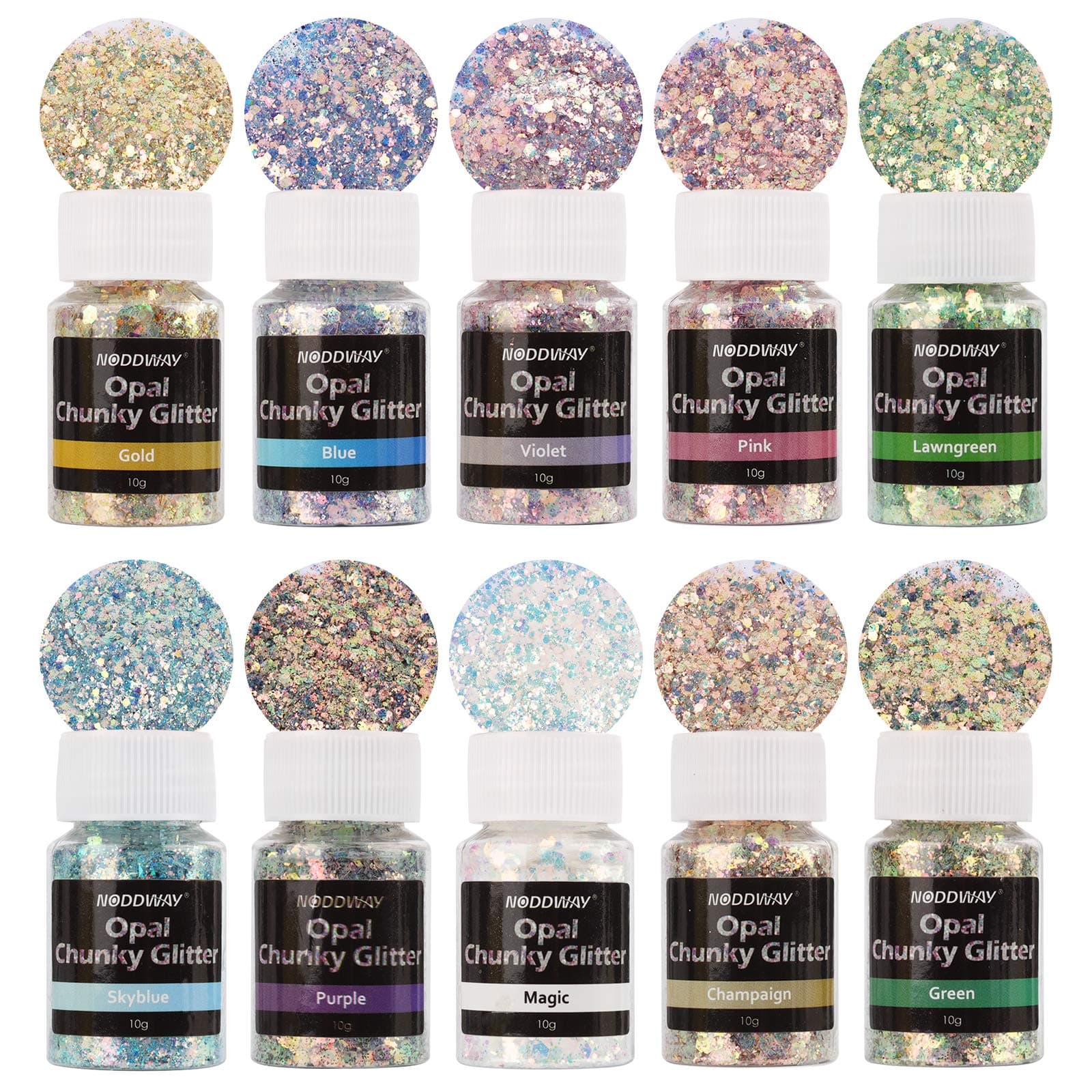 Opal Glitter NODDWAY Chunky Craft Glitter 100G, 10Colors Super Chunky Glitter, Resin Chunky Glitter for Crafts, Slime, Nail Art, Paint