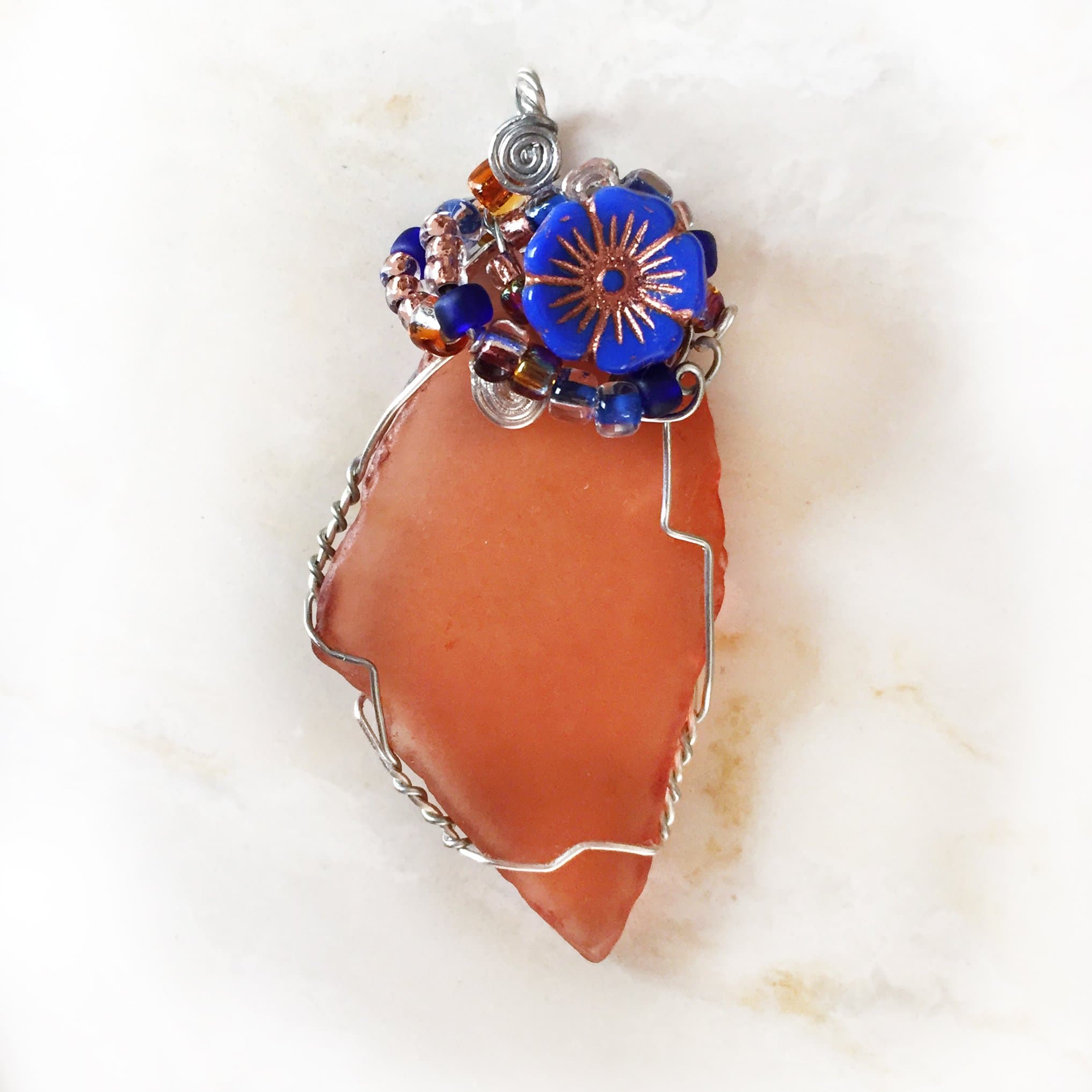 Cultured Sea Glass Flower Large Pendant - Boho Blue, Carnelian Orange & Silver, Long Marquise Wire Wrapped Pendant Necklace w Beads & Czech Flower, Sea Glass Necklace, Gift for Women, OOAK C