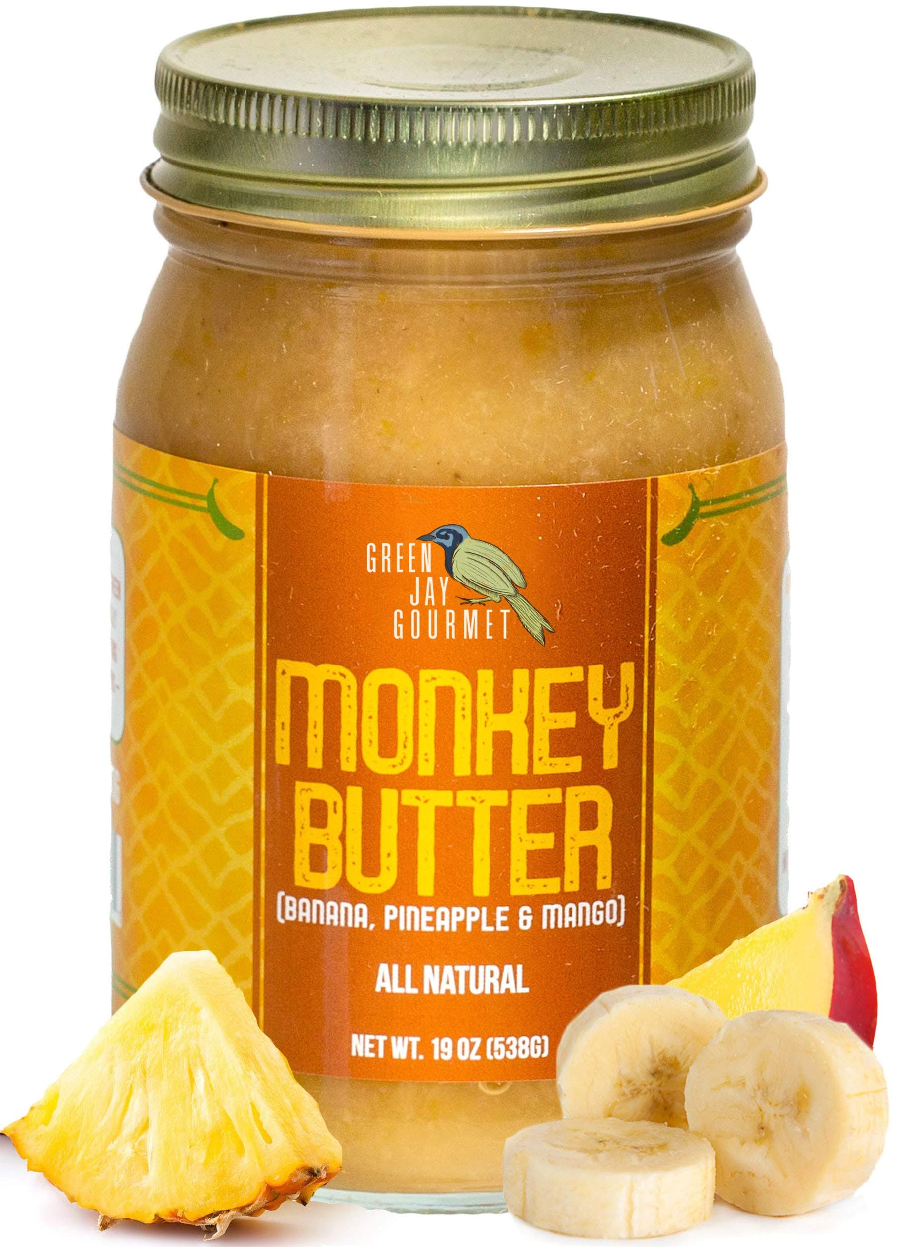 Green Jay Gourmet Monkey Butter - All-Natural, Gluten-Free Banana Butter - Pineapple Spread with Bananas & Mango - Gourmet Fruit Butter - No Corn Syrup, Preservatives or Trans-F - 19 Ounces