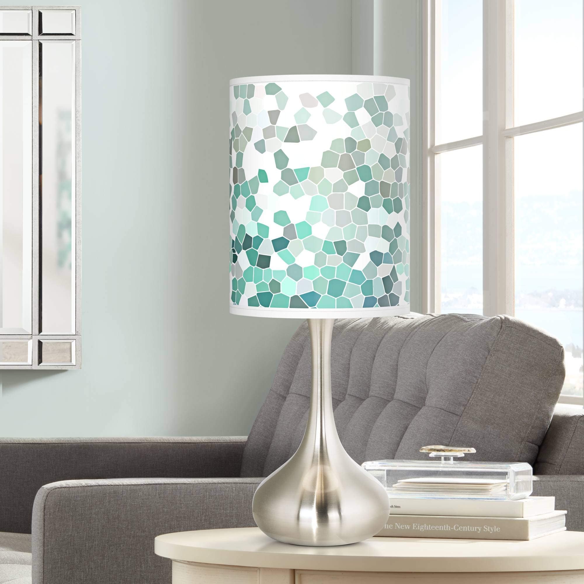 Modern Accent Table Lamp 23.5" High Brushed Steel Droplet Aqua Mosaic Print Cylinder Shade for Living Room Family Bedroom Office