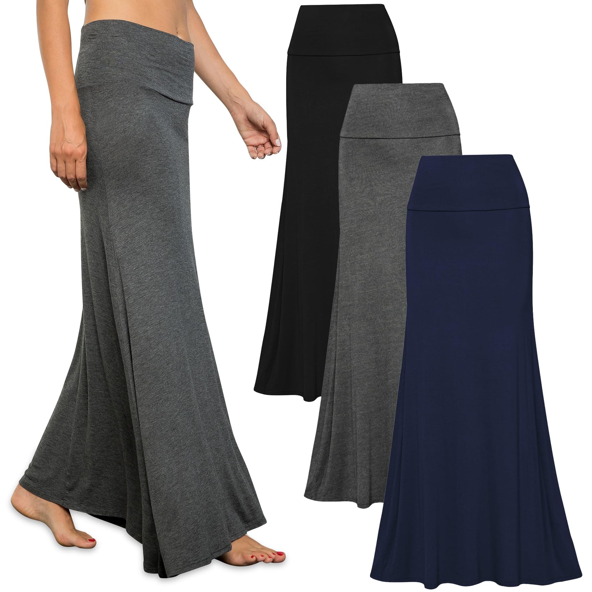 - 3 Pack Long Skirts for Women Fall Stretchy Flowy Maxi Skirt Dressy Casual for Work, Soft Fold Over High Waisted