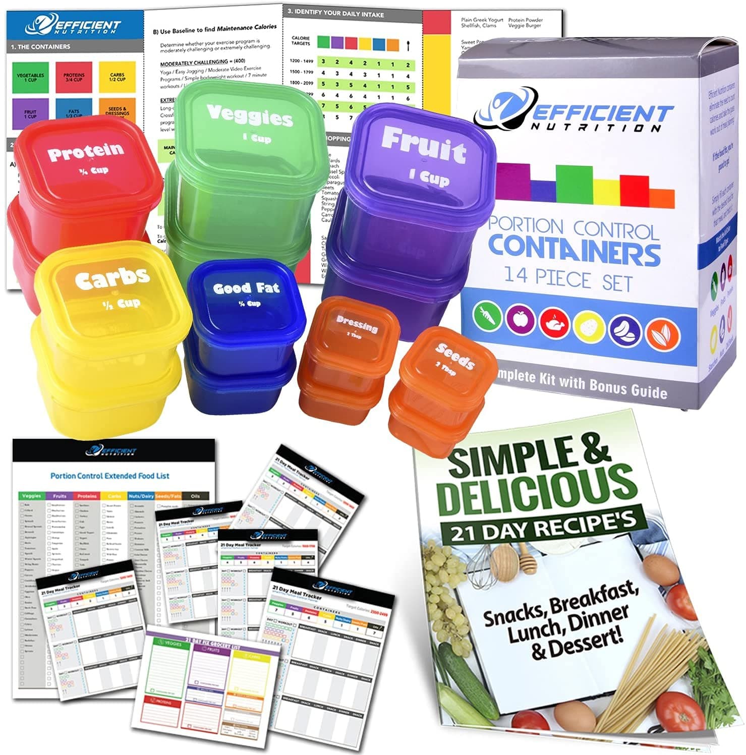 Portion Control Containers Deluxe Kit (14-Piece) with Complete Guide + 21 Day Planner + Recipe eBOOK by Efficient Nutrition - BPA Free Color Coded Meal Prep System for Diet and Weight Loss