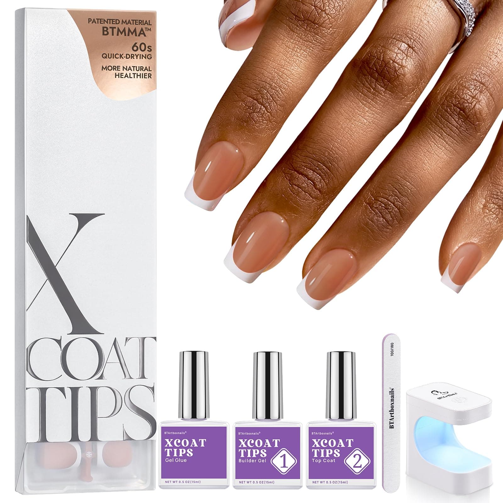 BTArtboxnails XCOATTIPS French Tip Nails - Short Square Brown Nail Tips with Nail Gel, French Protecing Duo, Nail Lamp, All in One Gel Nail Extension Kit