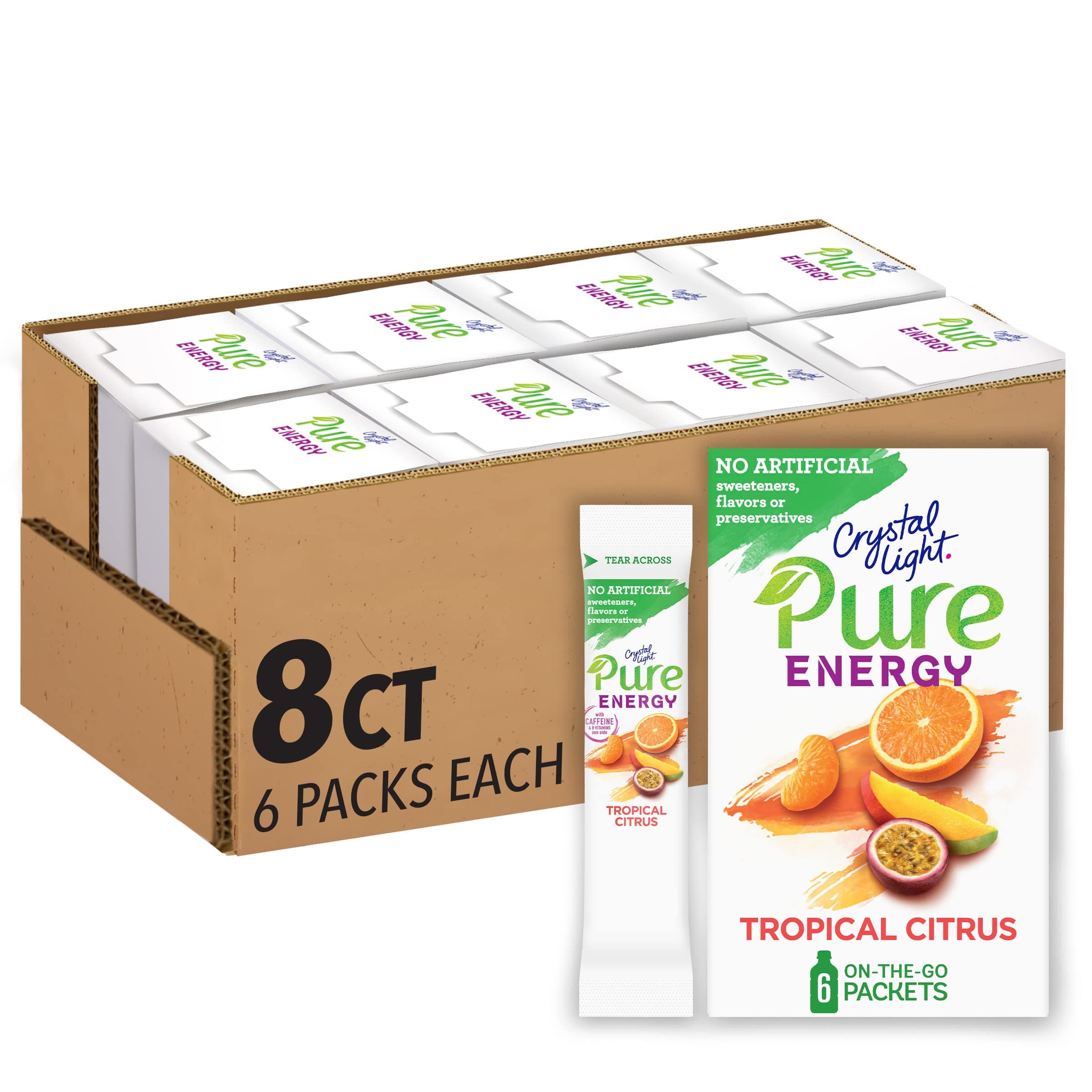 Crystal Light Pure Energy Tropical Citrus Naturally Flavored Powdered Drink Mix with Caffeine & No Artificial Sweeteners, 48 ct Pack, 8 Boxes of 6 On-the-Go Packets