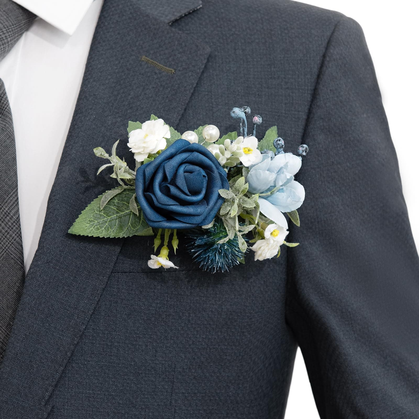 Pocket Boutonniere Single, Boutonniere for Men Groom for Wedding, Prom, Homecoming, Anniversary, Graduation, etc.Dusty Blue Navy, 6" W x 5" H