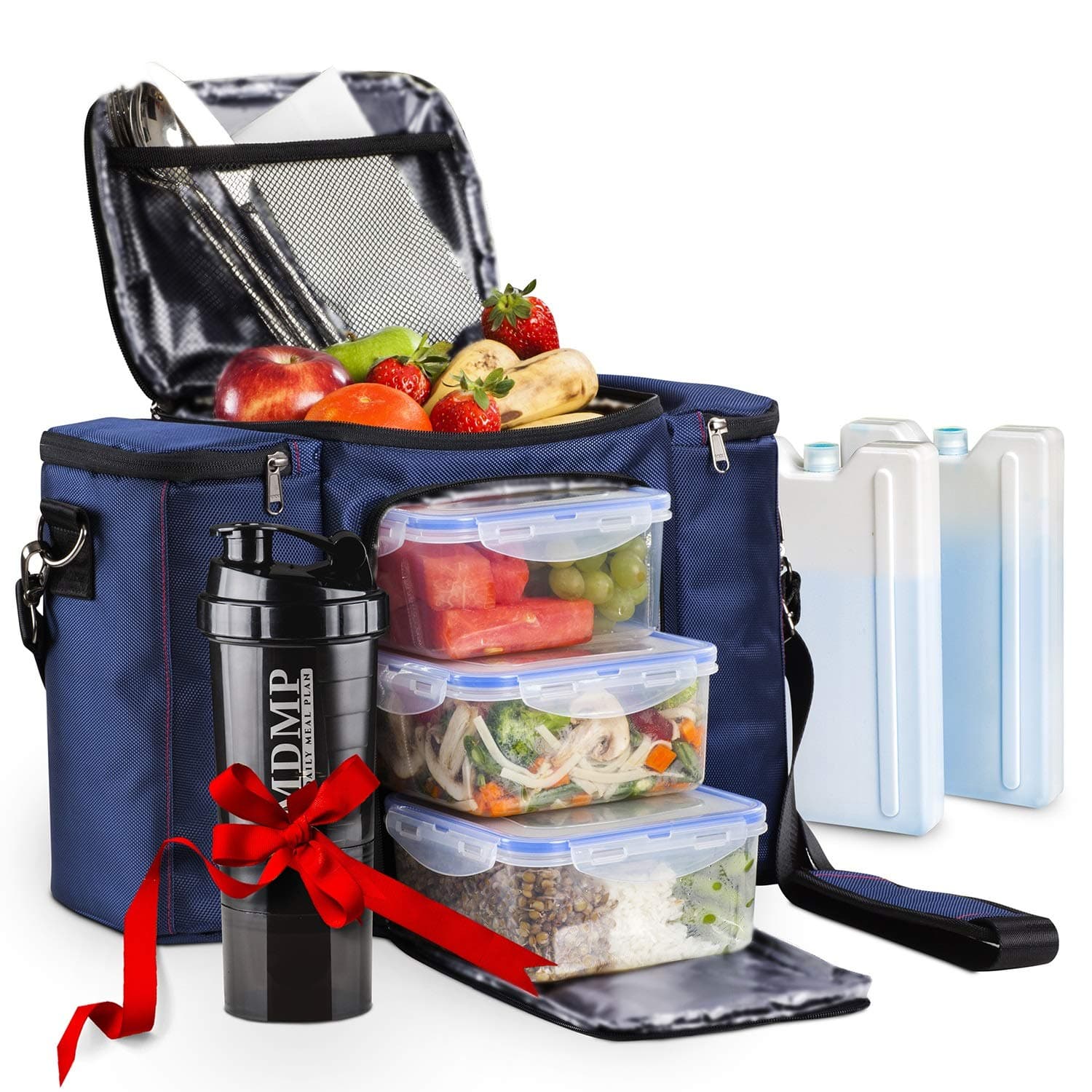 Meal Prep Lunch Bag/Box For Men, Women + 3 Large Food Containers (45 Oz.) + 2 Big Reusable Ice Packs + Shoulder Strap + Shaker With Storage. Insulated Lunchbox Cooler Tote. Adult Portion Control Set
