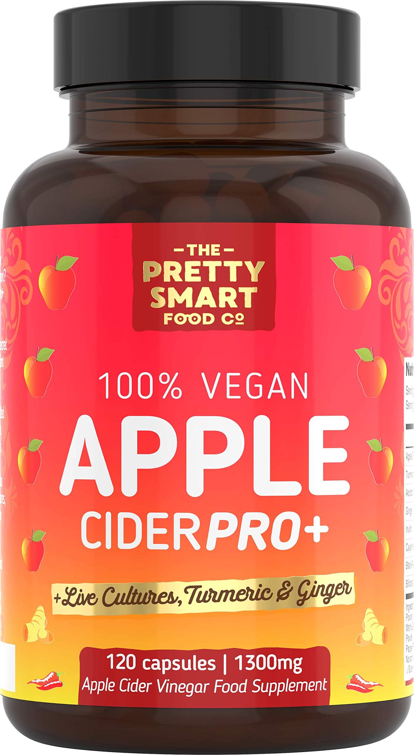 Apple Cider Vinegar Capsules - Boosted with Vegan Live Cultures, Turmeric & Ginger - Raw & Unfiltered ACV Complex - 1300MG Dosage - 120 Capsules - Made The UK