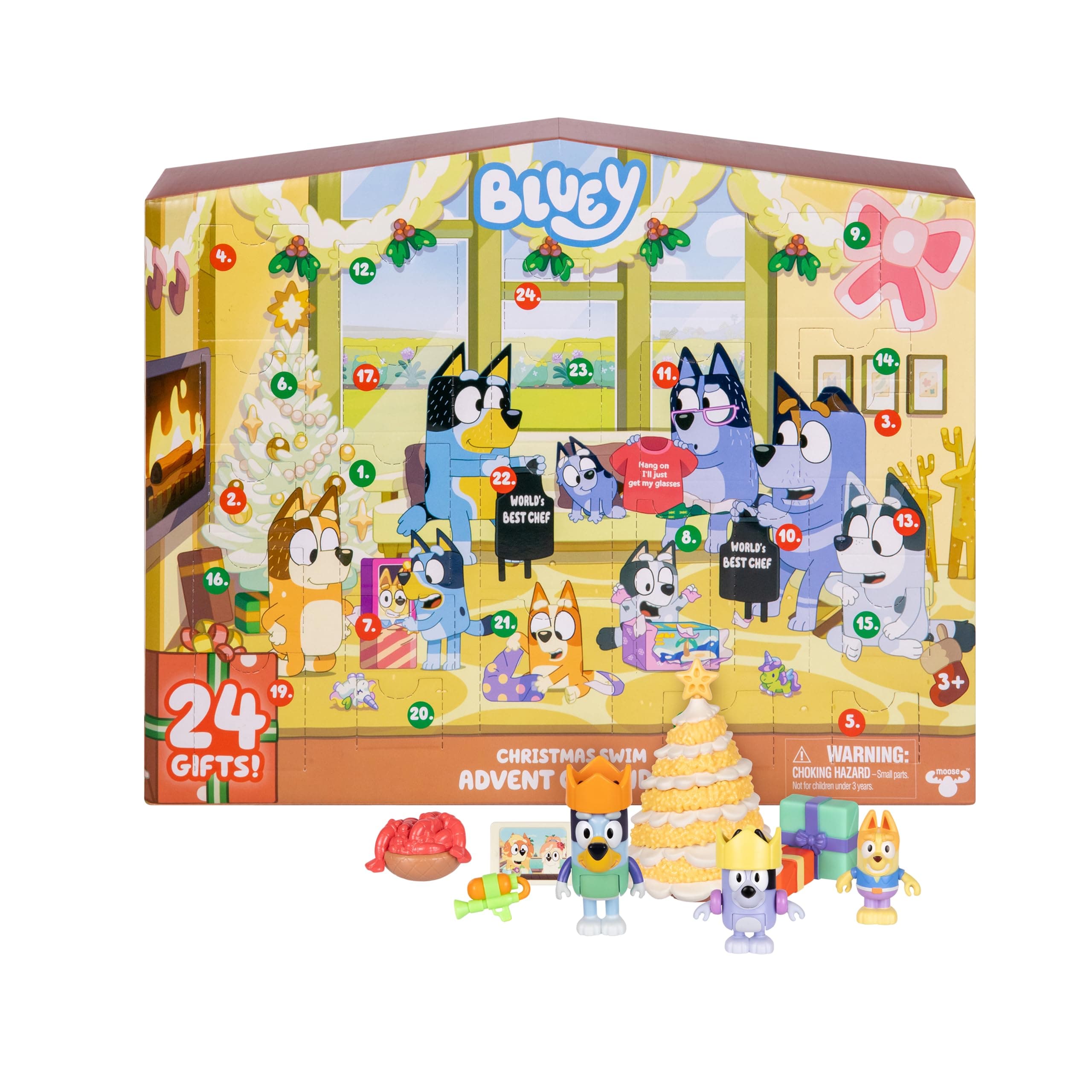 Christmas Swim Advent Calendar, This Very Festive Bluey Surprise Pack Has 24 Surprises Behind 24 Different Windows, Includes 3 Christmas Swim Figures, 18 Accessories And 3 Stickers To Reveal