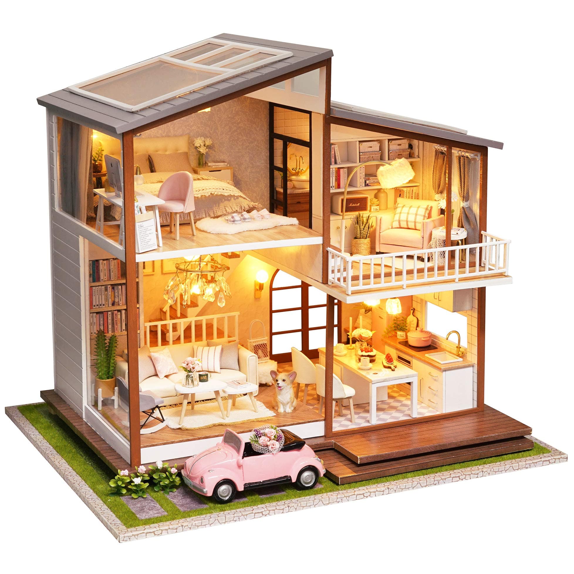 Spilay DIY Dollhouse Miniature with Wooden Furniture,DIY Dollhouse Kit Large Villa Model with LED Light & Music Box,1:24 Scale Creative Room Gift for Adult Teenager