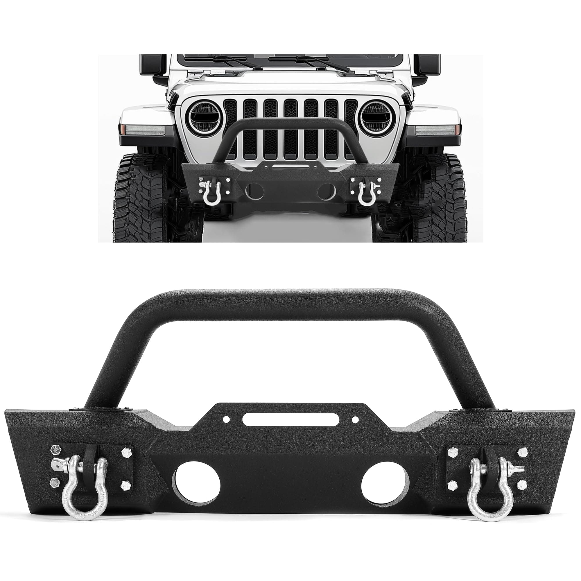 ECOTRIC Stubby Front Bumper Compatible With 2007-2024 Jeep Wrangler JK JL Gladiator JT W/Fog Light Housing & D-rings Steel Powder Coated Black