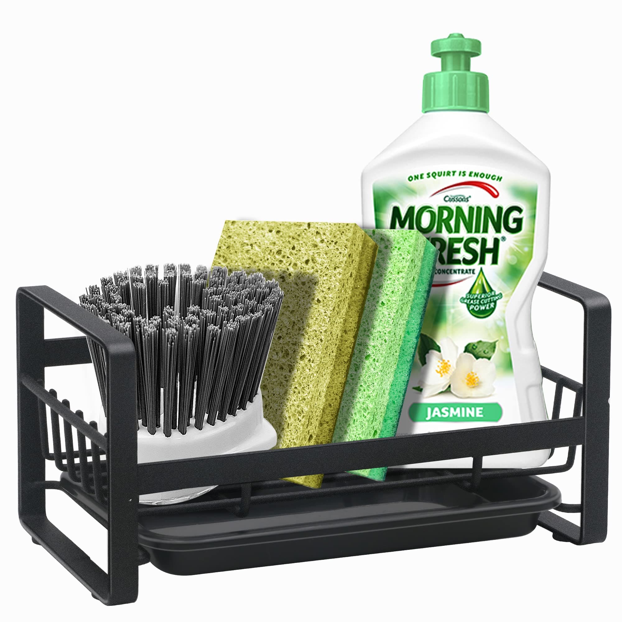 Kitchen Sponge Holder for Sink, Kitchen Sink Caddy Organizer, Sink Tray Drainer Rack, Dish Rags Brush Soap Storage Countertop with Removable Front Drain Pan - Black