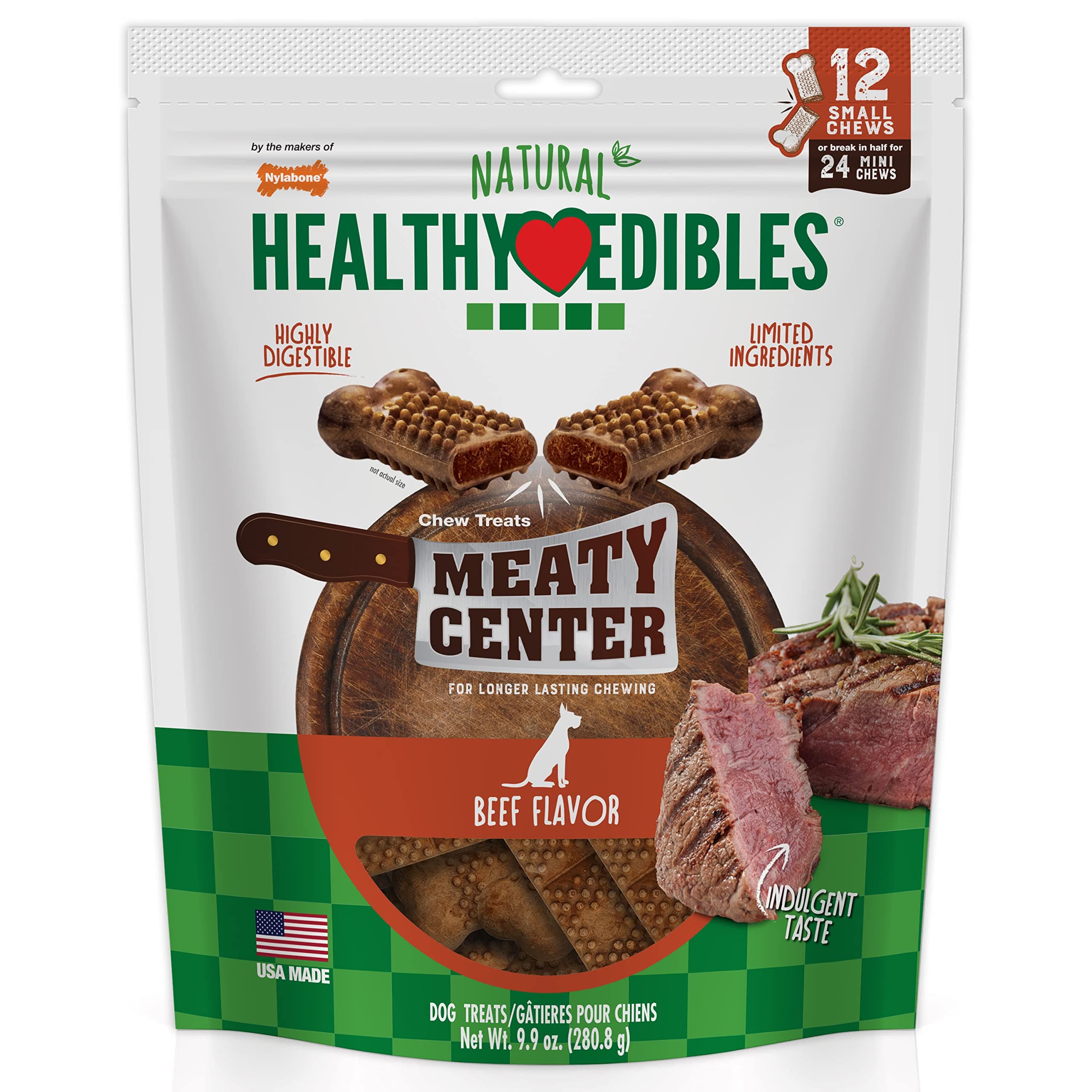 Healthy Edibles Natural Dog Chews Long Lasting Meaty Center Beef Flavor Treats for Dogs, Small (12 Count)