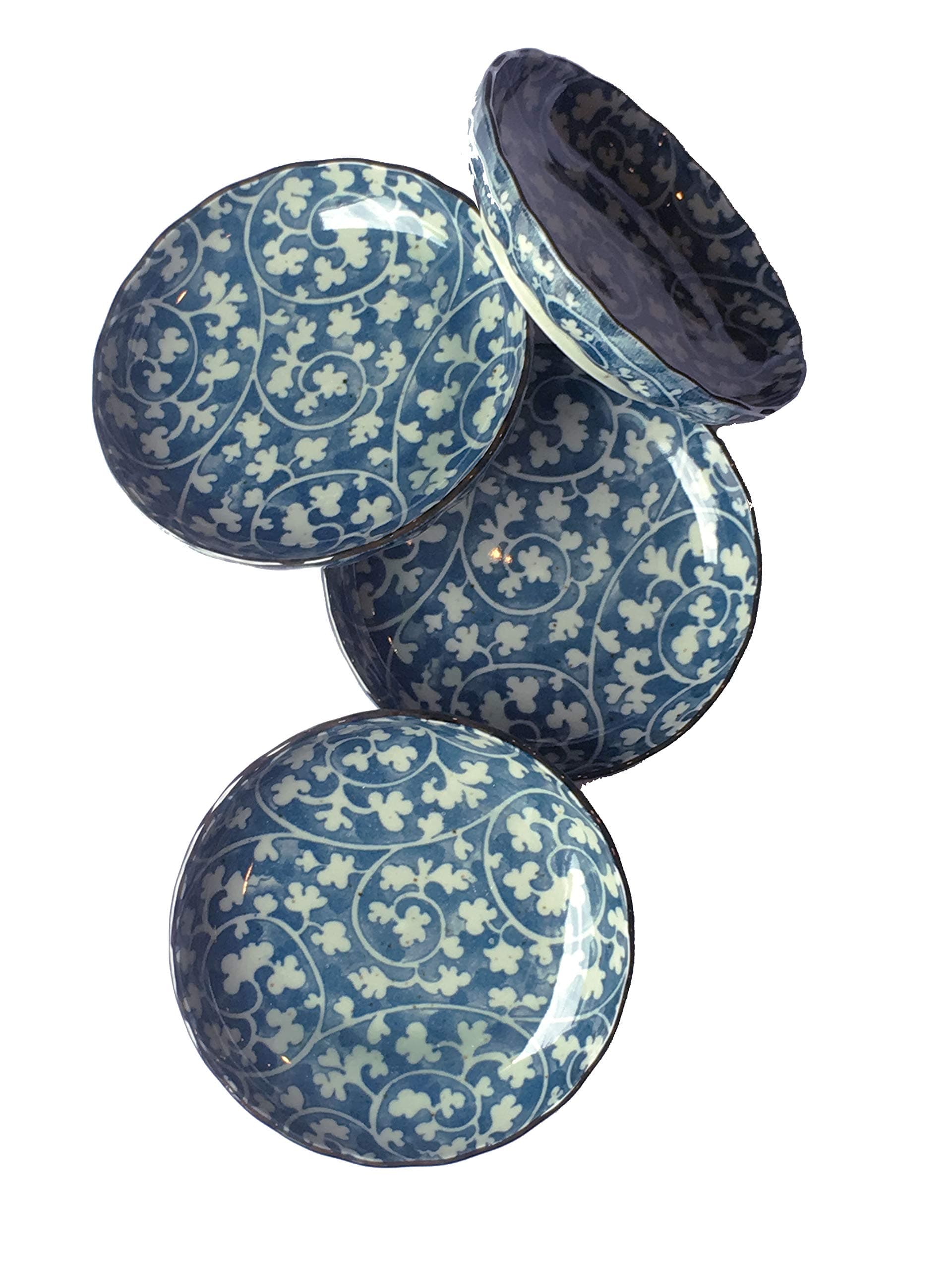 Set of 4 - Blue Floral Clover Celadon Asian Chinese Japanese Small Round Porcelain Ceramic Dish Plate for Tapas Appetizers Sushi Condiment Sauce Dessert Snack Nuts Candy 4.25" inch wide