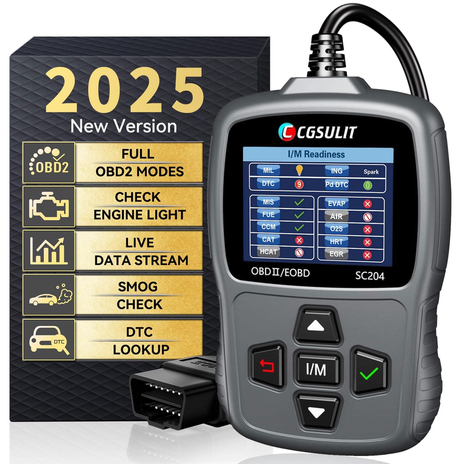 CGSULIT Scan Tool SC204 OBD2 Scanner, Check Engine Light Code Reader with Reset, One-Click I/M, Clear Error Code, DTC Lookup & More, Car Diagnostic Tool for All OBDII/EOBD Vehicles After 1996, Grey
