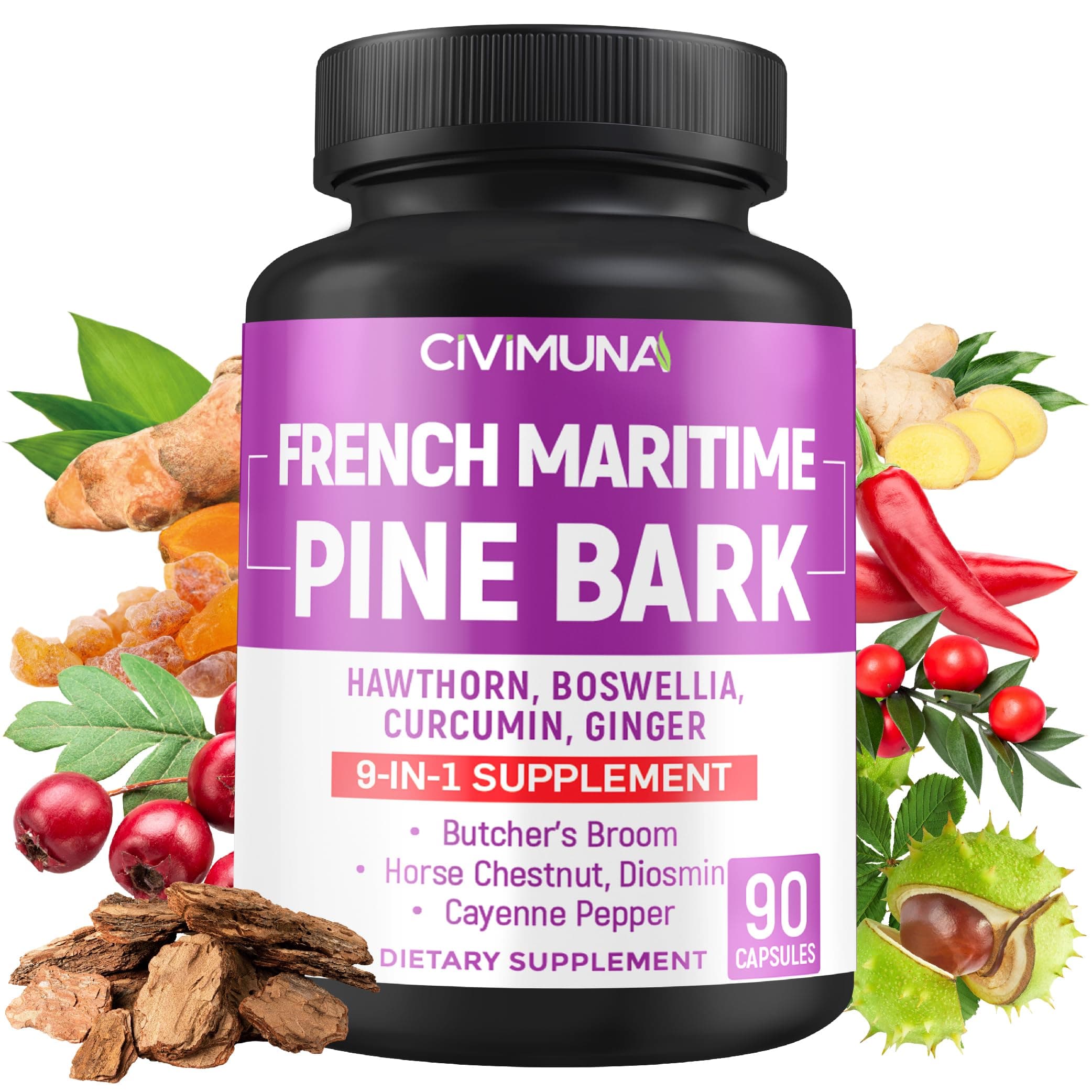 French Maritime Pine Bark Capsules with French Maritime Pine Bark, Hawthorn, Bosweillia and More - 90 Capsules for 3 Months Supply