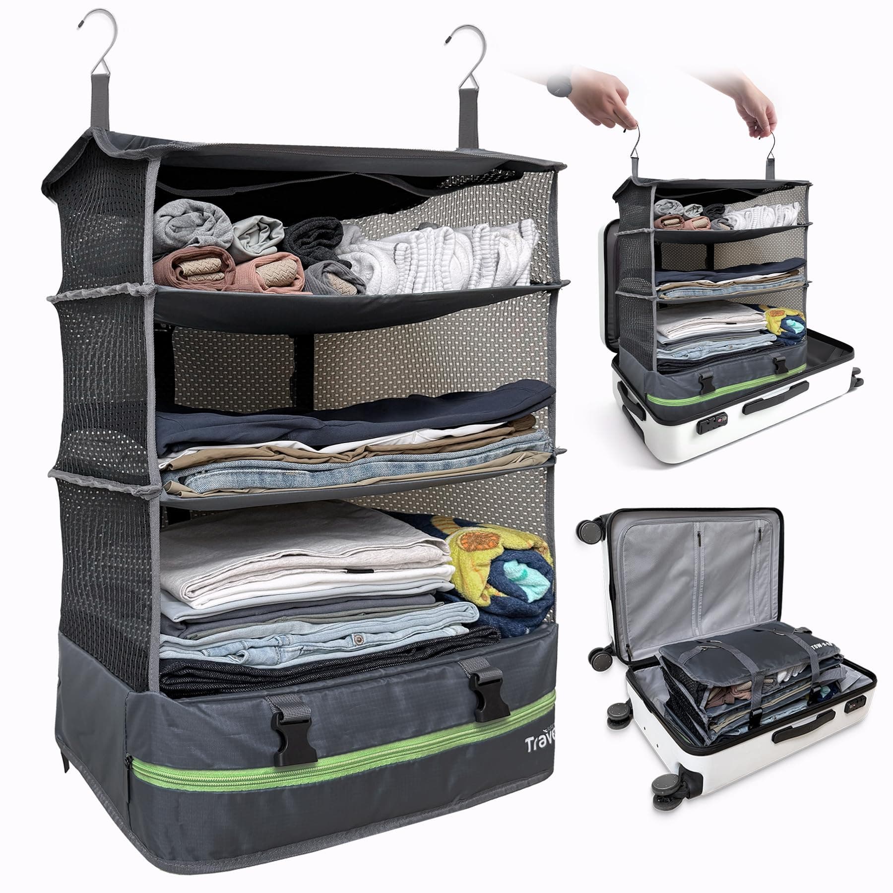 Stow-N-Go Portable Hanging Travel Shelves, Packing Organizer for Luggage. Carry on Closet for Clothes. Expandable Packing Cube. Travel Essentials. Dak Gray - XL