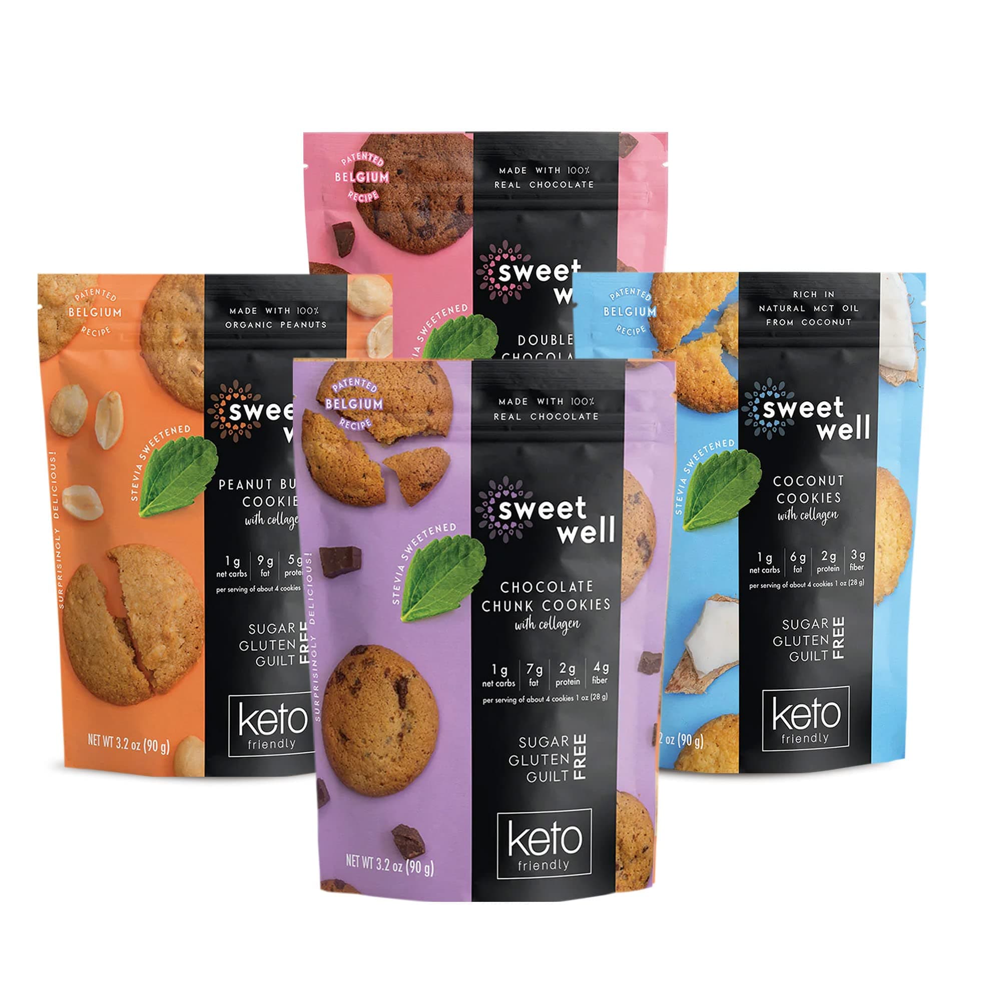 Keto Cookies Variety Pack, Low Carb Keto Snacks, Gluten-Free Keto Cookies with Real Ingredients, Stevia Sweetener and Collagen, Sugar-Free, Includes 4 Flavors, 3.2 oz Each, Pack of 4 - Sweetwell