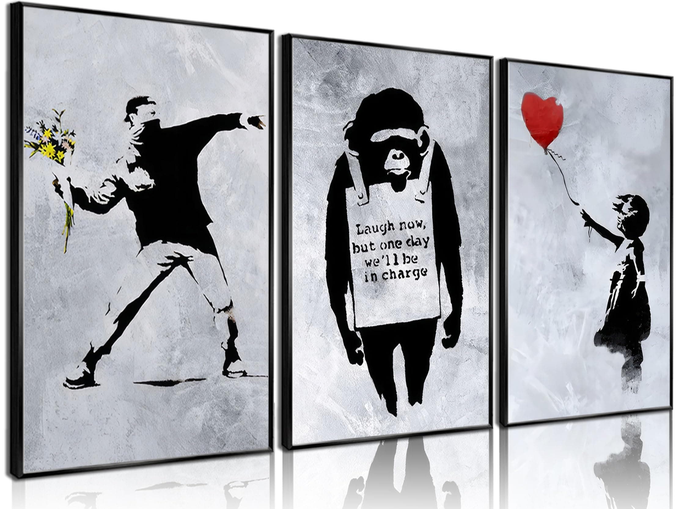 3 Pcs Banksy Street Graffiti Wall Art Man Throwing Flowers Art Canvas Paintings Girl Balloons Posters Prints Images of Living Room Bedroom Teen Room Wall Decor Pictures Unframed