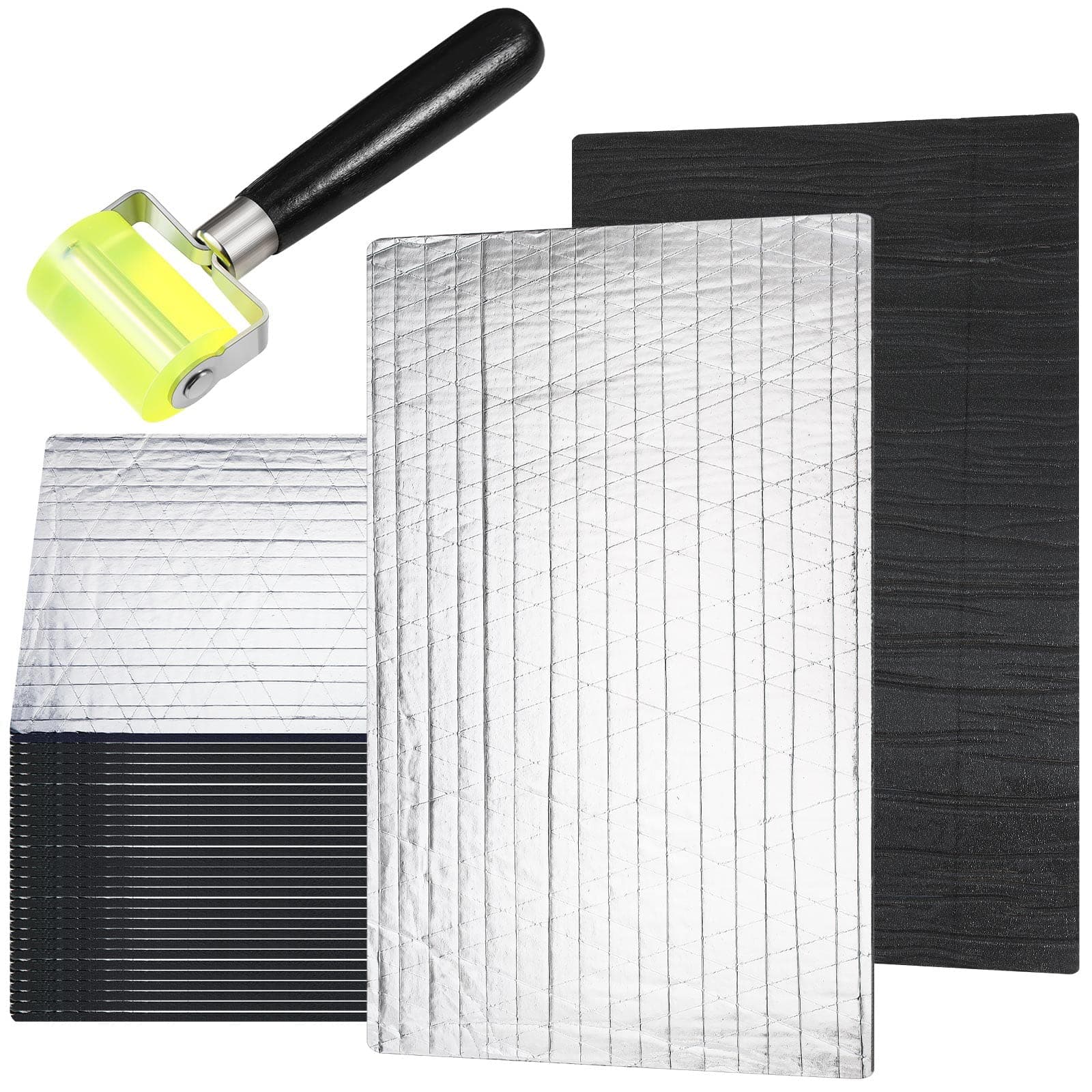 Tallew196 Mil Car Sound Deadening Mat Sound Deadener Automotive Audio Noise Insulation Dampening Insulation Mat with Rubber Roller for Hood Ceiling Door 15.7 x 9.8 in Each Sheet (31 Pcs)