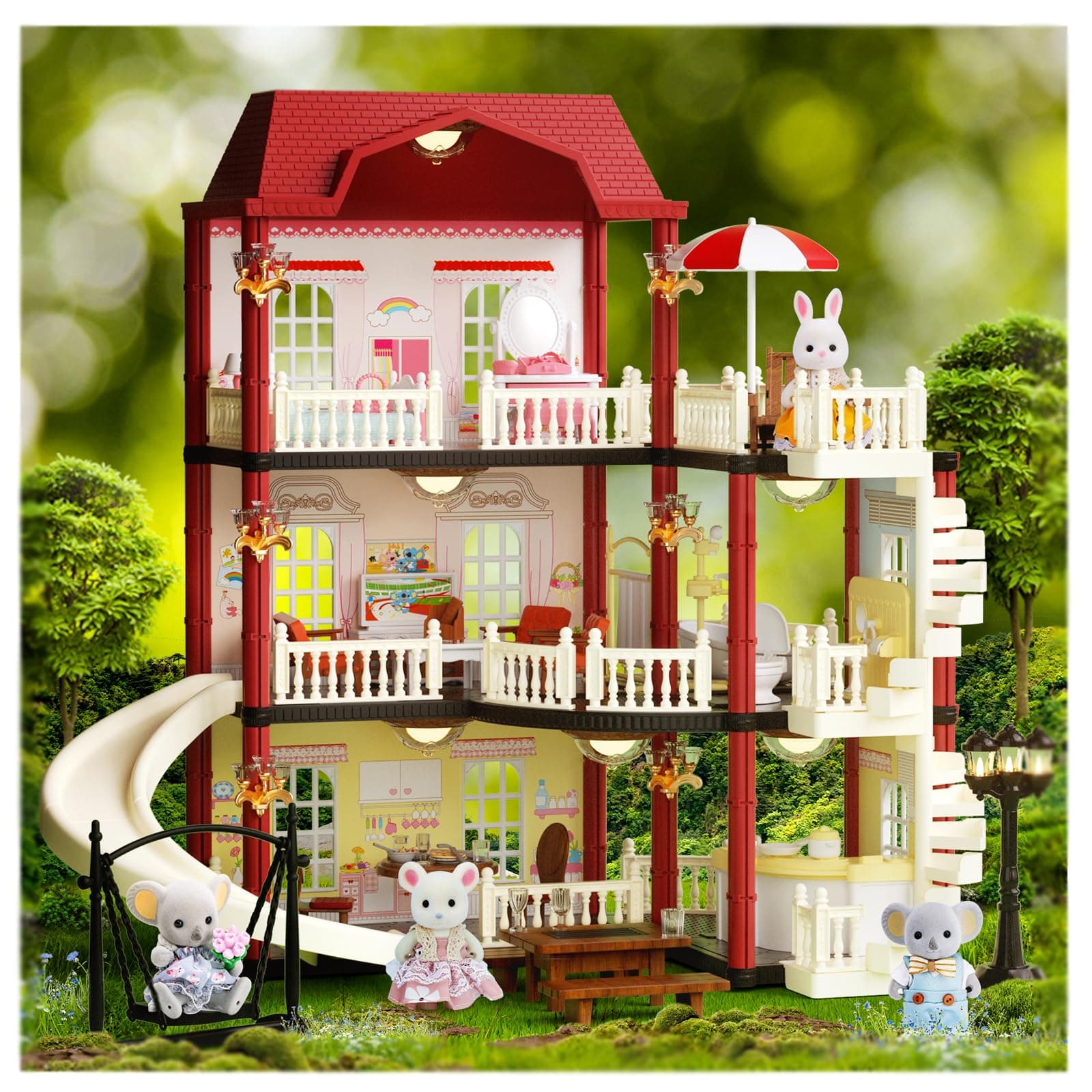 Dollhouse Kit Playset Little Critters Bunny Dolls for Girls with Swimming Pool and Slideside Family Toys for Toddler 5 Year+ Old Girl