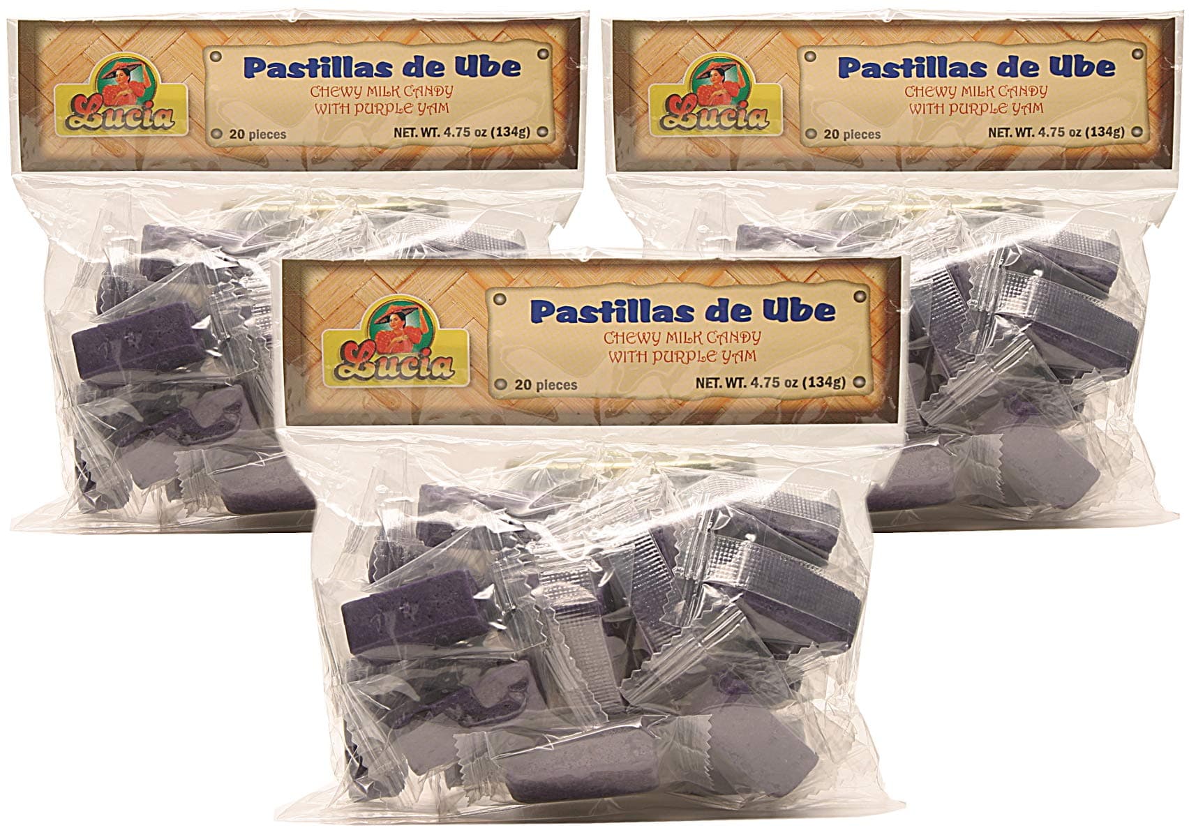 Lucia, Pastillas de Ube - Chewy Milk Candy with Purple Yam (Pack of 3), Imported from The Philippines, 4.75 oz (each)