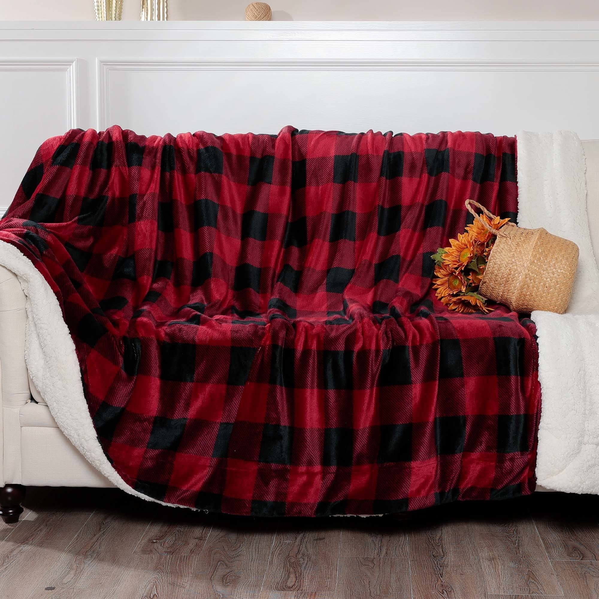NANPIPER Sherpa King Size Blanket,Warm Fuzzy Checkered Blanket,Soft Fleece Plaid Blankets for Bed,Red Black Checks 90"x108"