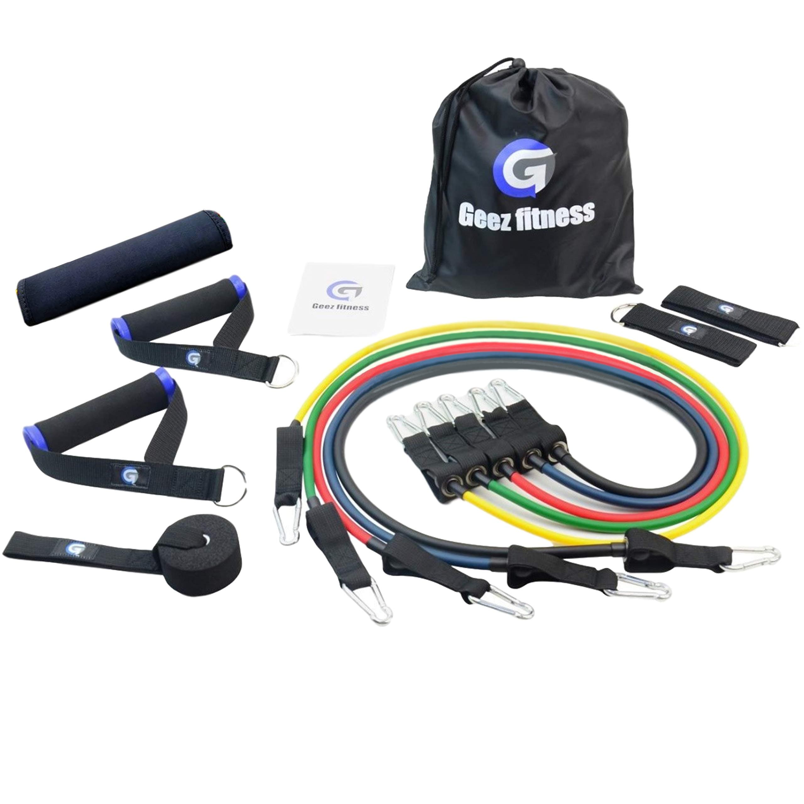 GeezFitness Resistance Bands Full Set for Women and Men, Mobility, Strength Training Body & Injury Rehab, Door Anchor, Bands for Chest, Thighs, Legs, Arms, glutes, ankle straps & handles. Free Ebook.