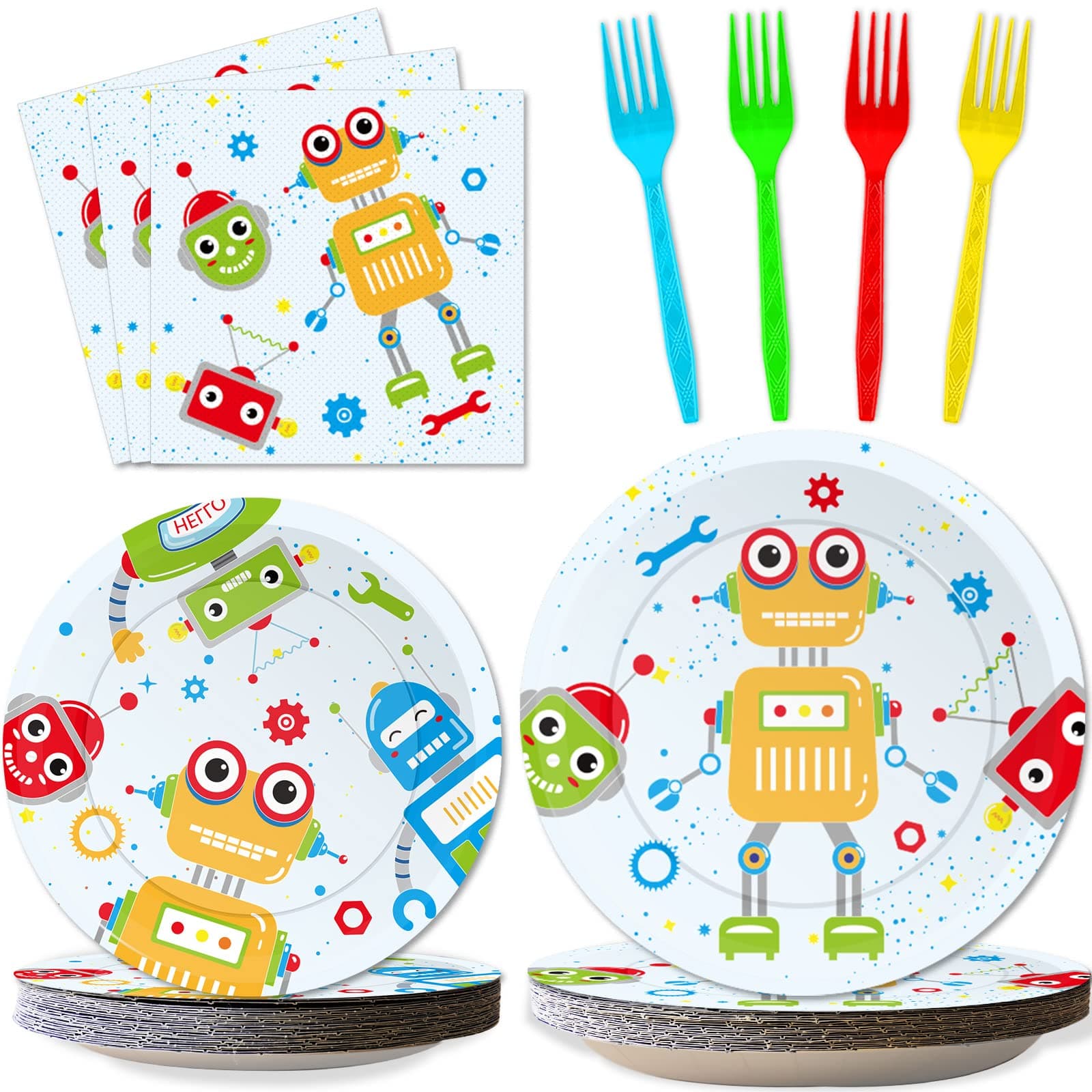 Wiooffen 96pcs Robot Birthday Party Decorations Supplies Paper Plates Napkins Disposable Cake Dessert Tableware Set Robots Theme Baby Shower Favors For Boys Kids, Serve 24