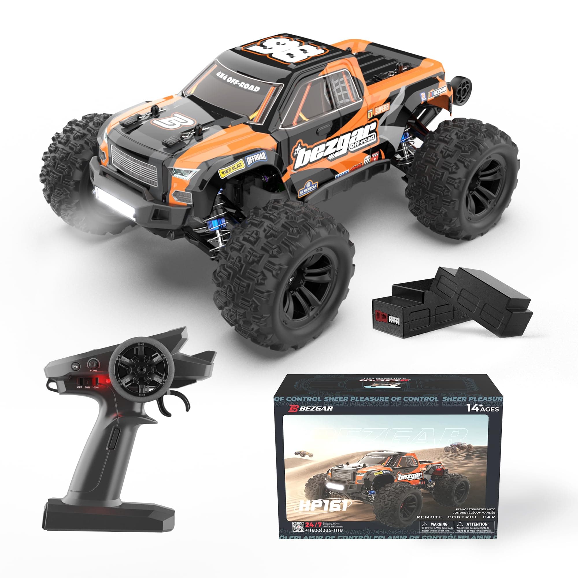 BEZGAR HP161 High Speed 1:16 4X4 Off-Road Remote Control Truck, Waterproof Electric Hobby Grade RC Cars All Terrain Toy Truck with Upgrade Chassis for Kid&Adults Two Batteries,40+ Mins Playtime