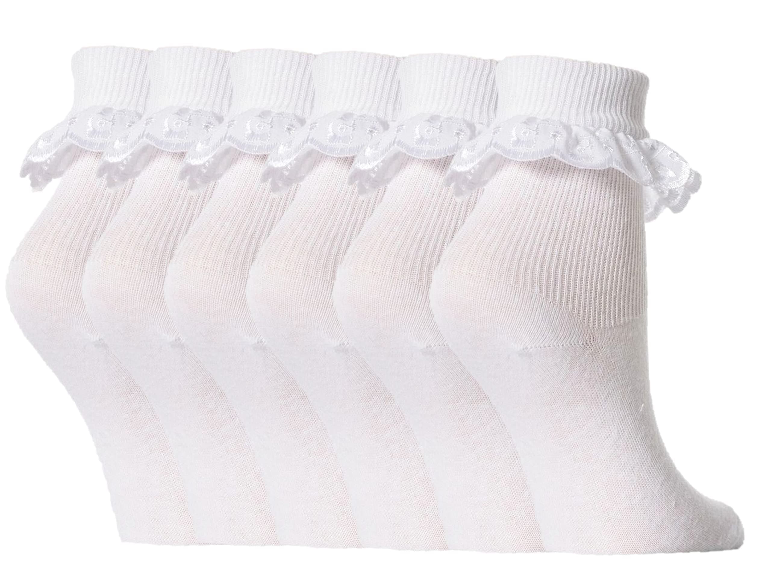 Drew Brady 6 Pairs Kids Pretty Frilly White Lace Broderie Anglaise Ankle socks, White, 6-12 Months