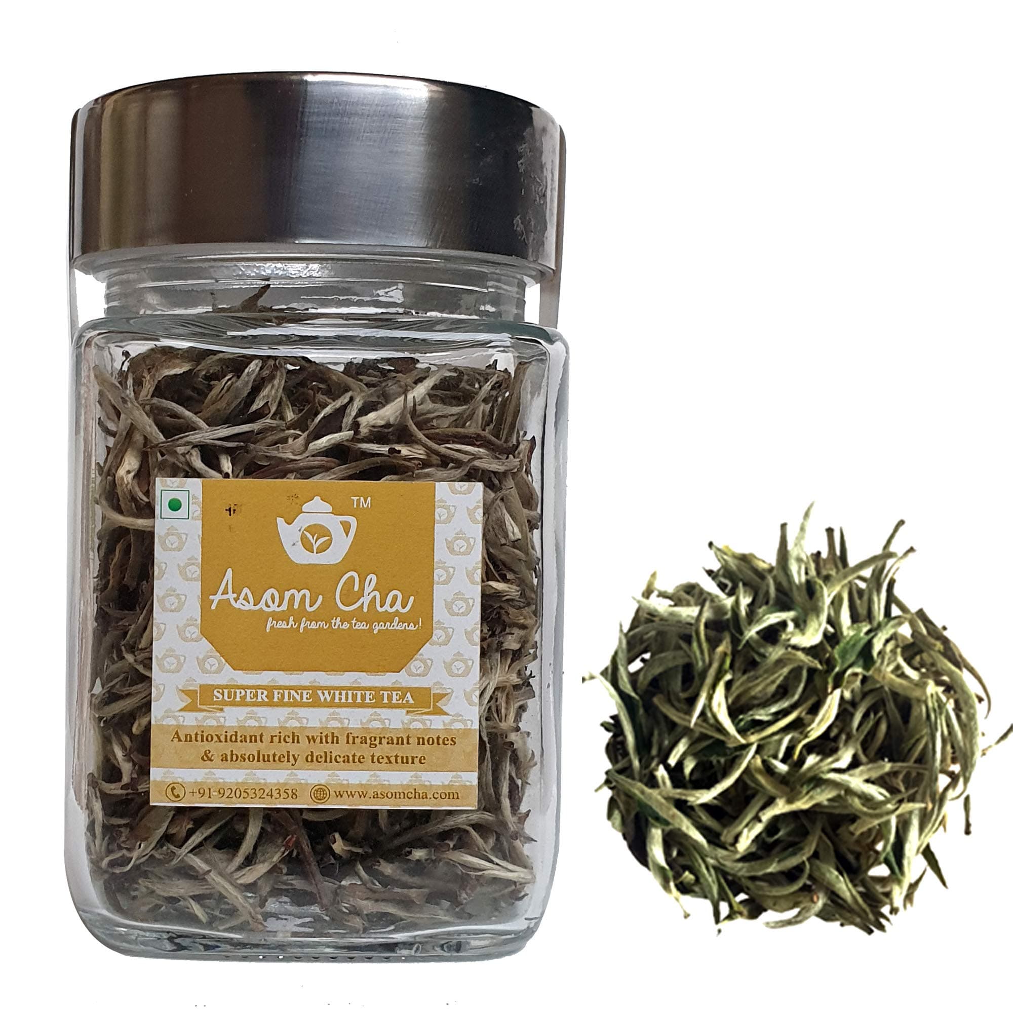 Asom Cha SuperFine White Tea | Silver Needle White Tea | 30g in a glass jar | Whole Leaf Premium Grade Tea | Antioxidant powerhouse