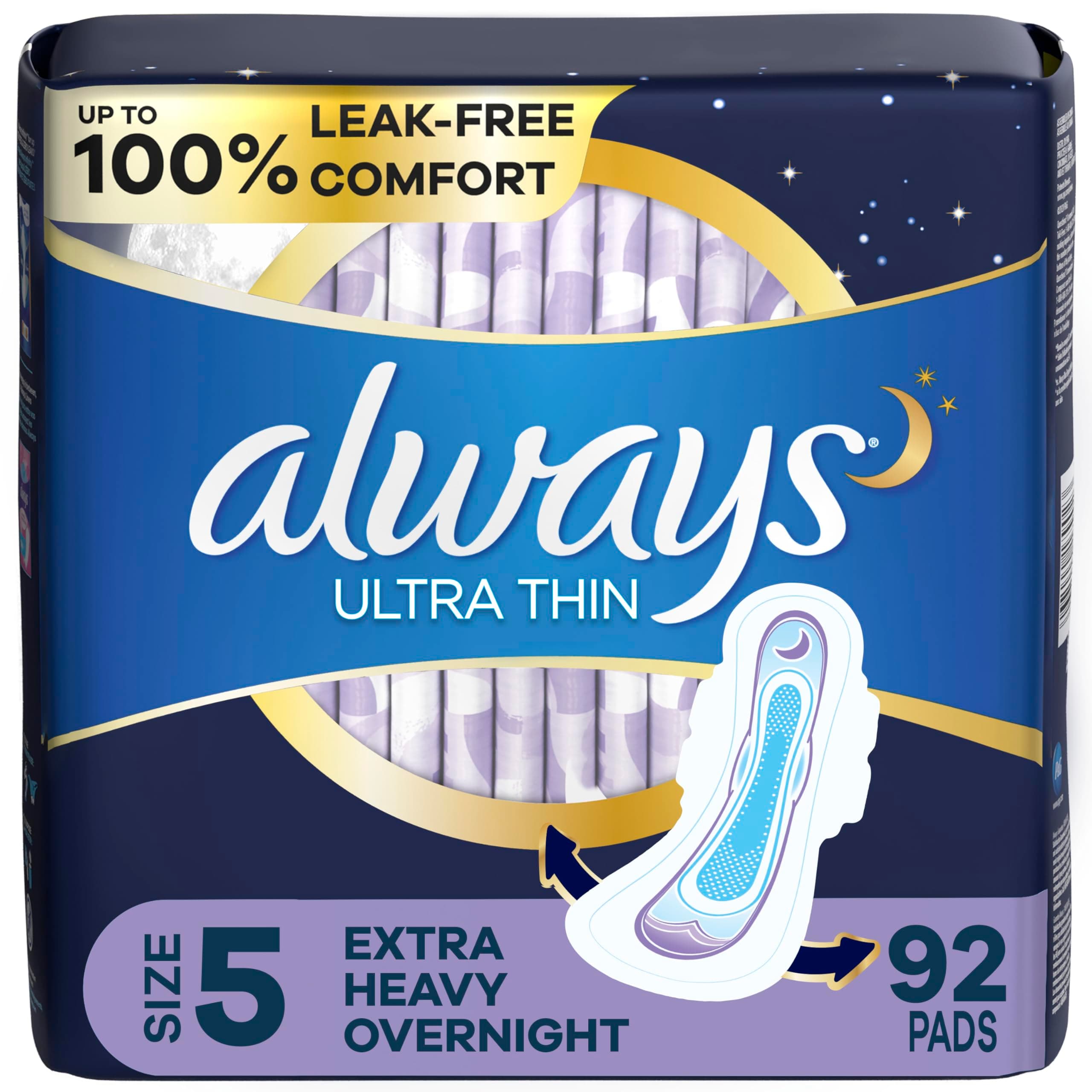 Ultra Thin Feminine Pads for Women, Size 5, Extra Heavy, Overnight Absorbency with Wings, 46 Count x 2 (92 Count Total)