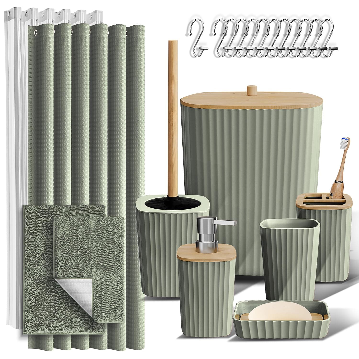 Clara Clark Bathroom Accessories Set - Bathroom Accessory Set with Shower Curtain Set, Toilet Brush, Trash Can & Soap Dispenser & Rugs (Sage Green, Complete Set + Bath Rugs)