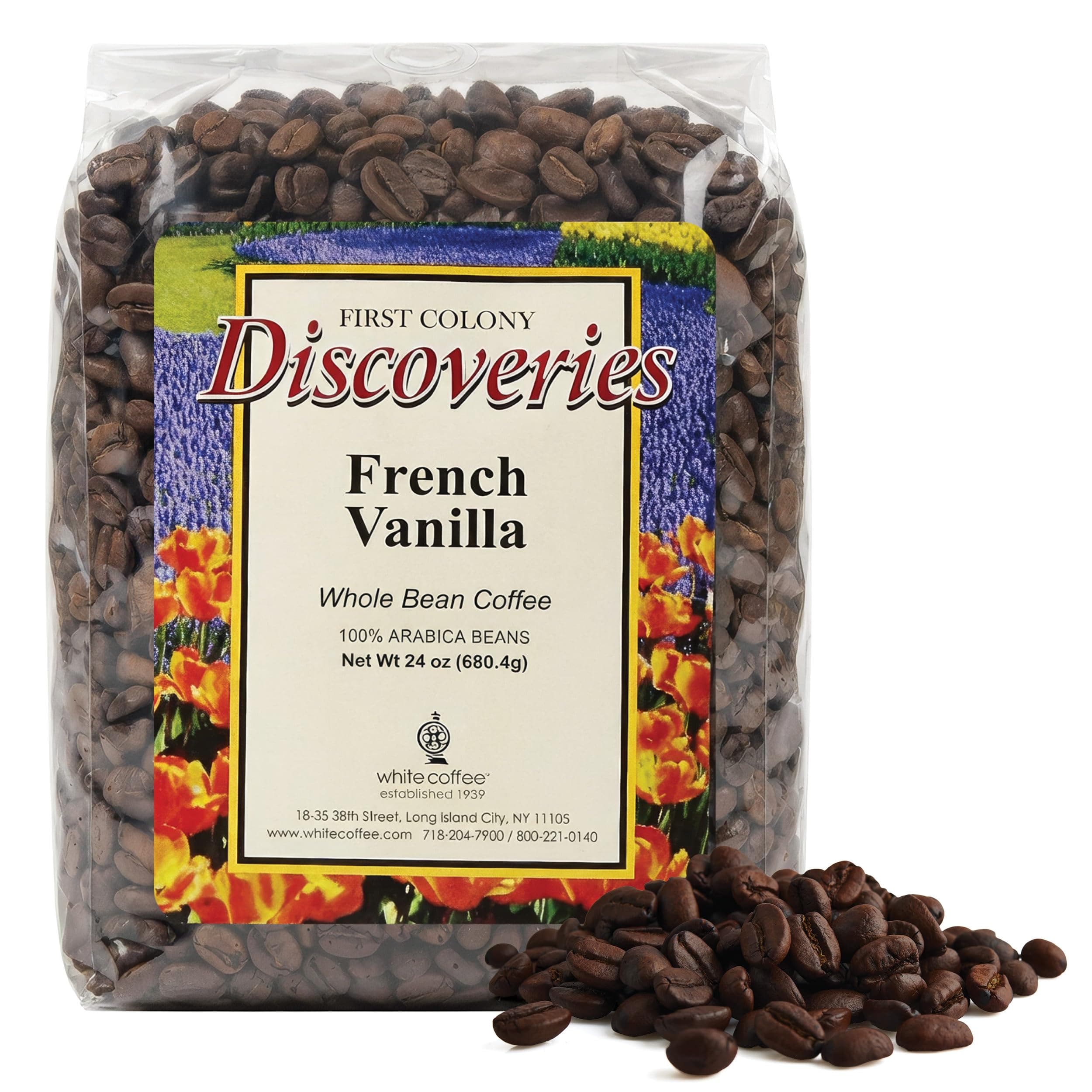 First Colony Whole Bean Coffee, French Vanilla, Light Roast, 100% Arabica Beans, 24oz Bag, Aromatic & Creamy Vanilla Notes for Home Brewers & Cafés, Hand-Roasted in the USA Since 1902