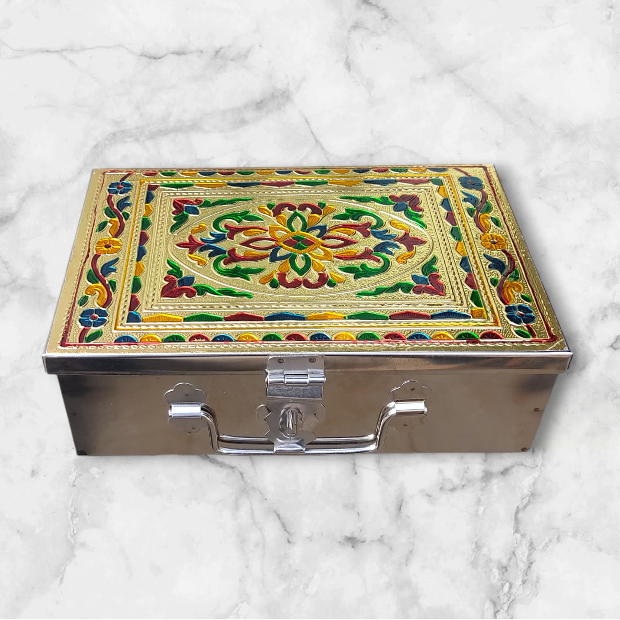 Stainless Steel Storage Boxes,Cash, Pooja Peti,Organizer, Vanity Box, Safe Locker,Cash Box With Handicrafts Digital Meenakari Laser Print Design -9 inch With Red velvet lining