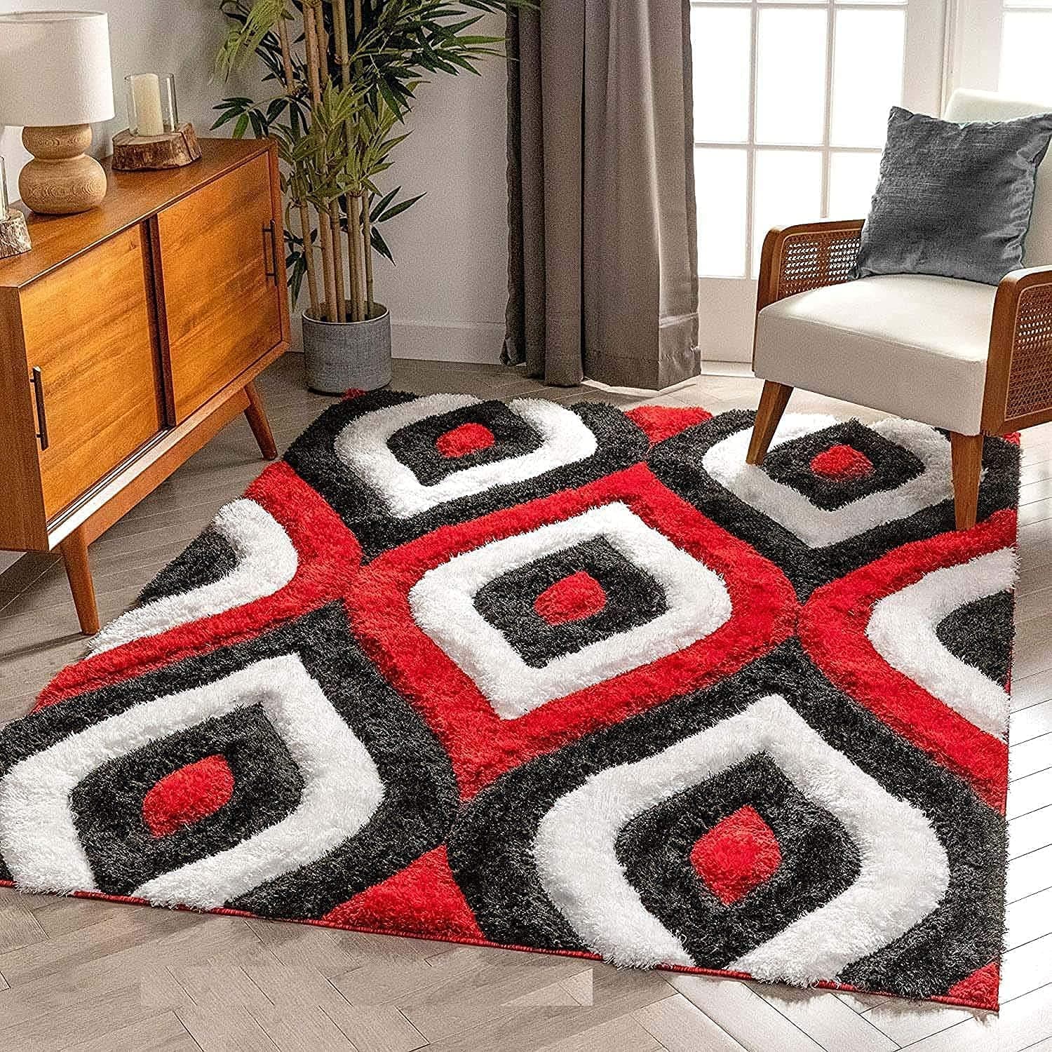 Modern Geometric 3D Textured Thick And Soft Shaggy Fur Rectangular Carpet Rugs & Mat (6X9 Feet, Large Size L, Colour - Red Black)