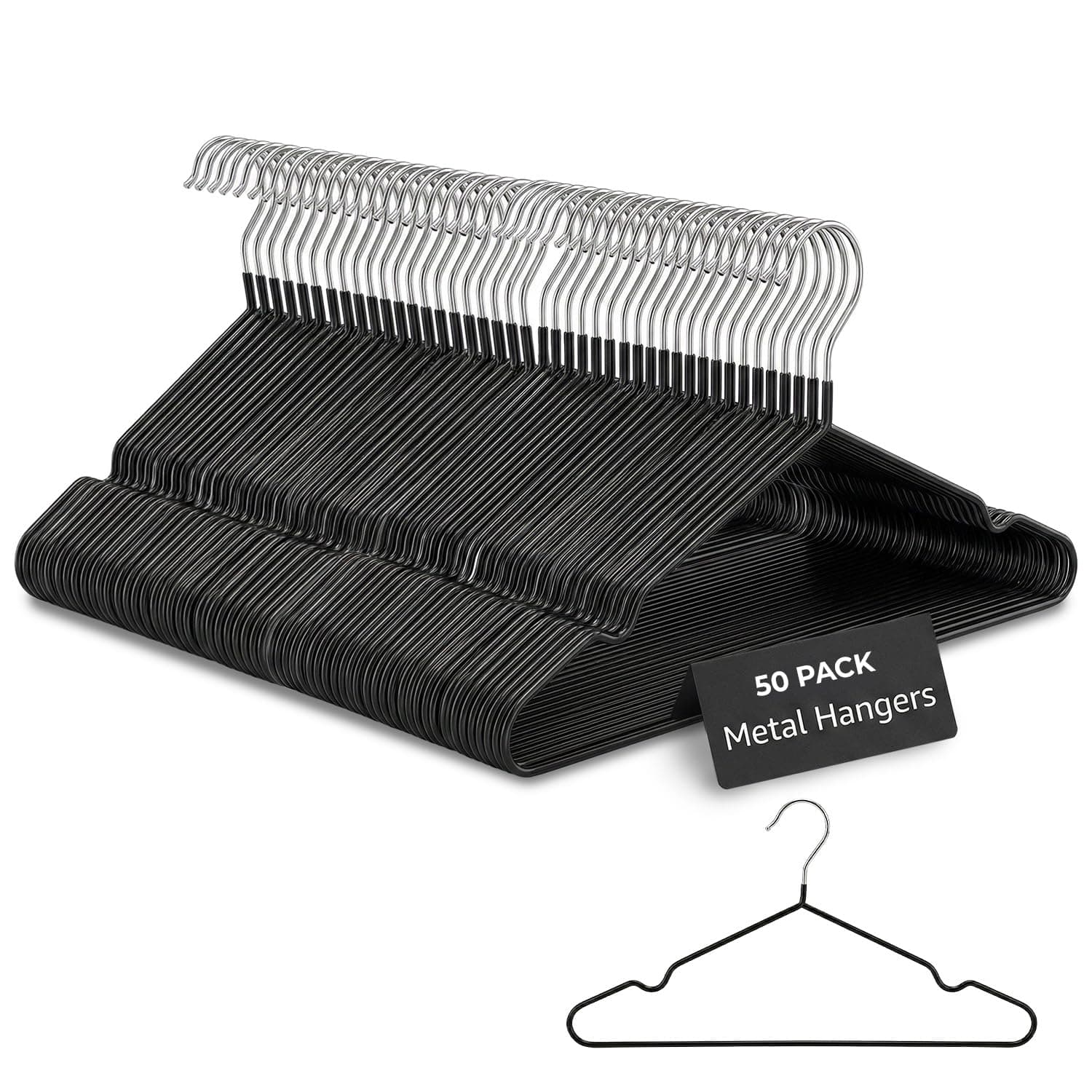 Rainberg 50 Pack Premium Rubber Coated Metal Hangers, Heavy Duty, Space Saving Organiser Clothes Hangers For Wardrobes, Coat Rack Rails Thin and Non-Slip Black (50 Pack)