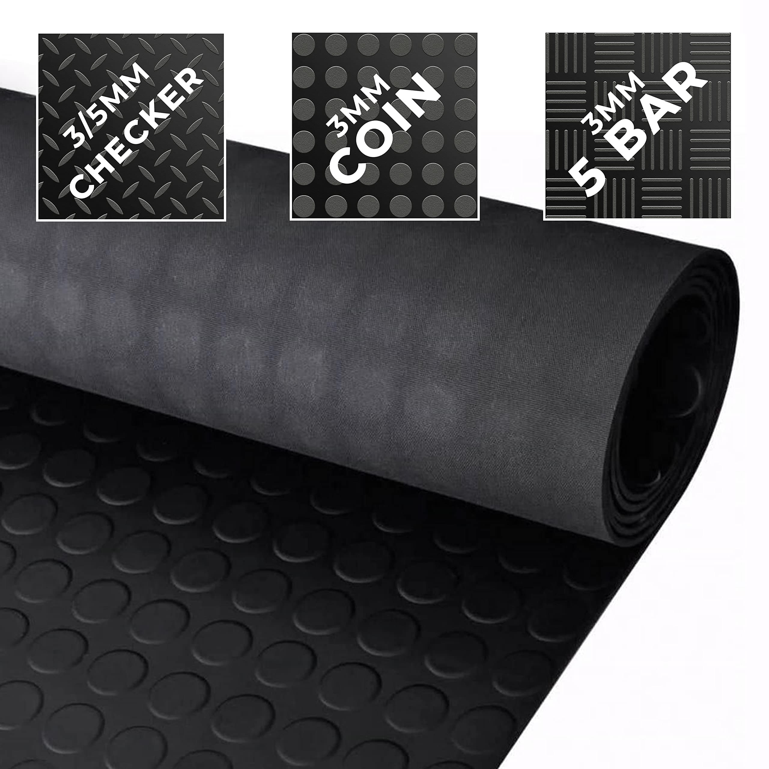 Rubber Flooring Coin/Checker/5 bar Anti Slip Shed Van Garage Workshop Black Matting Roll - Multiple Style & Size, 0.5m x 1.5m