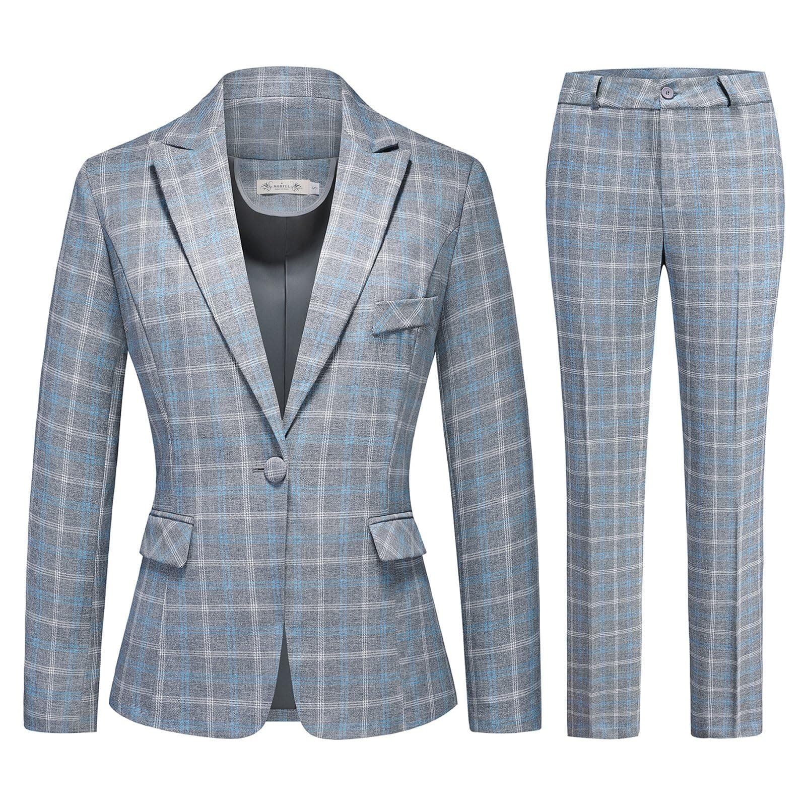 Womens 2 Piece Plaid Suits Set Business Office One Button Blazer Jacket Casual Long Sleeve Pant Suit Set