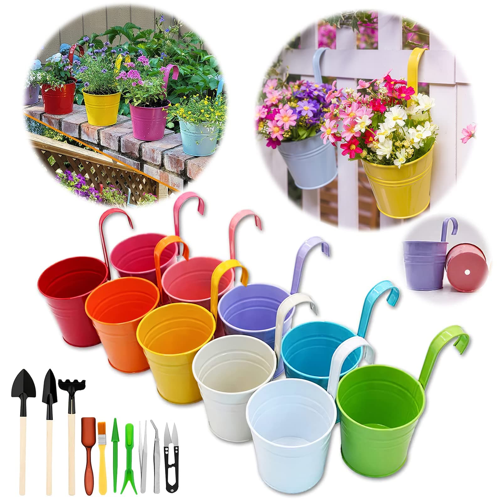 Hanging Plant Pots Large Metal Flower Pots, Colourful Fence Plant Pots Hanging Planter Bucket Set with Drainage Hole, Detachable Hook, Balcony Planters Garden Outdoor Decor